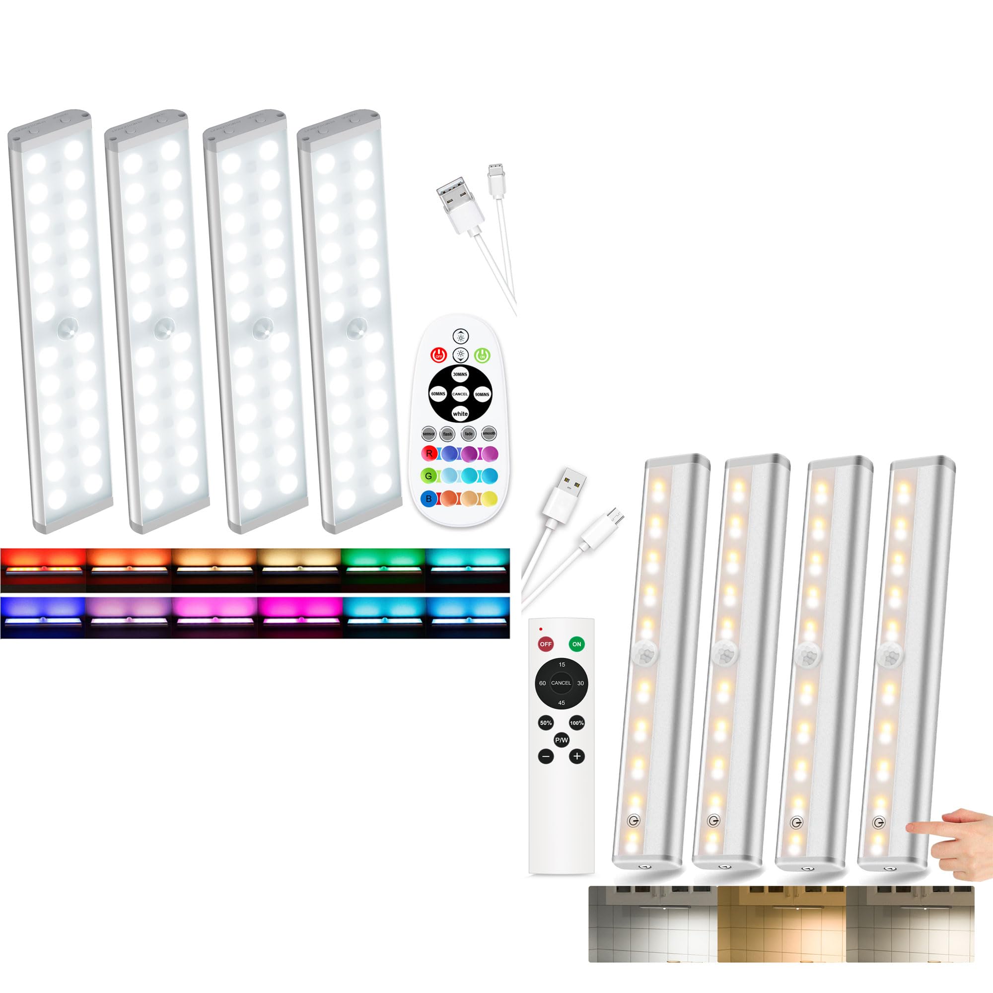 SZOKED 4Pack Motion Sensor Lights, 4Pack Remote Cabinet Lights, Multi-Colors, 2 Remote