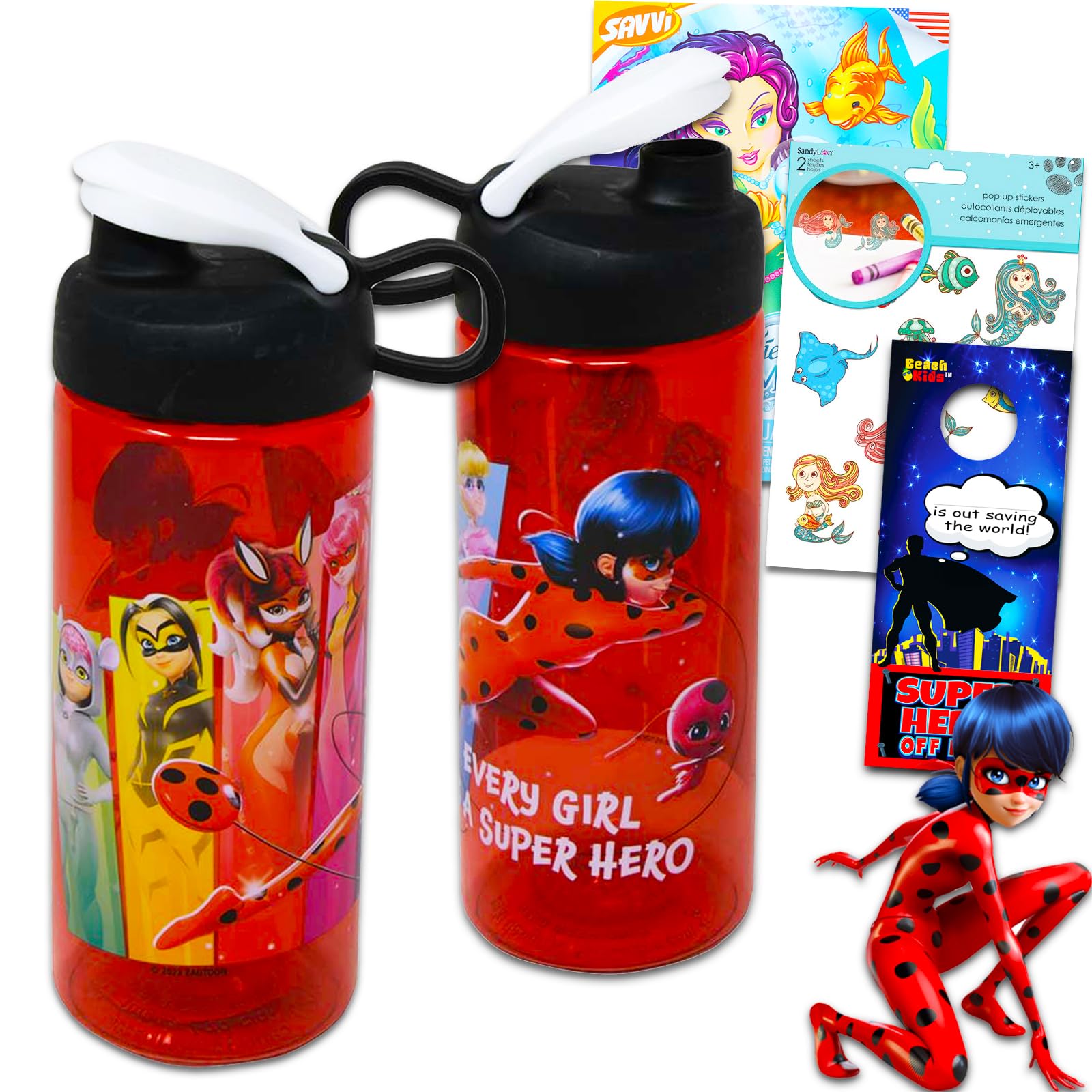 Zagtoon Miraculous Ladybug Water Bottle Set for Girls Kids - Miraculous Ladybug School Supplies Bundle with 2 Water Bottles, Miraculous Ladybug Stickers, More (Miraculous Ladybug Gifts)