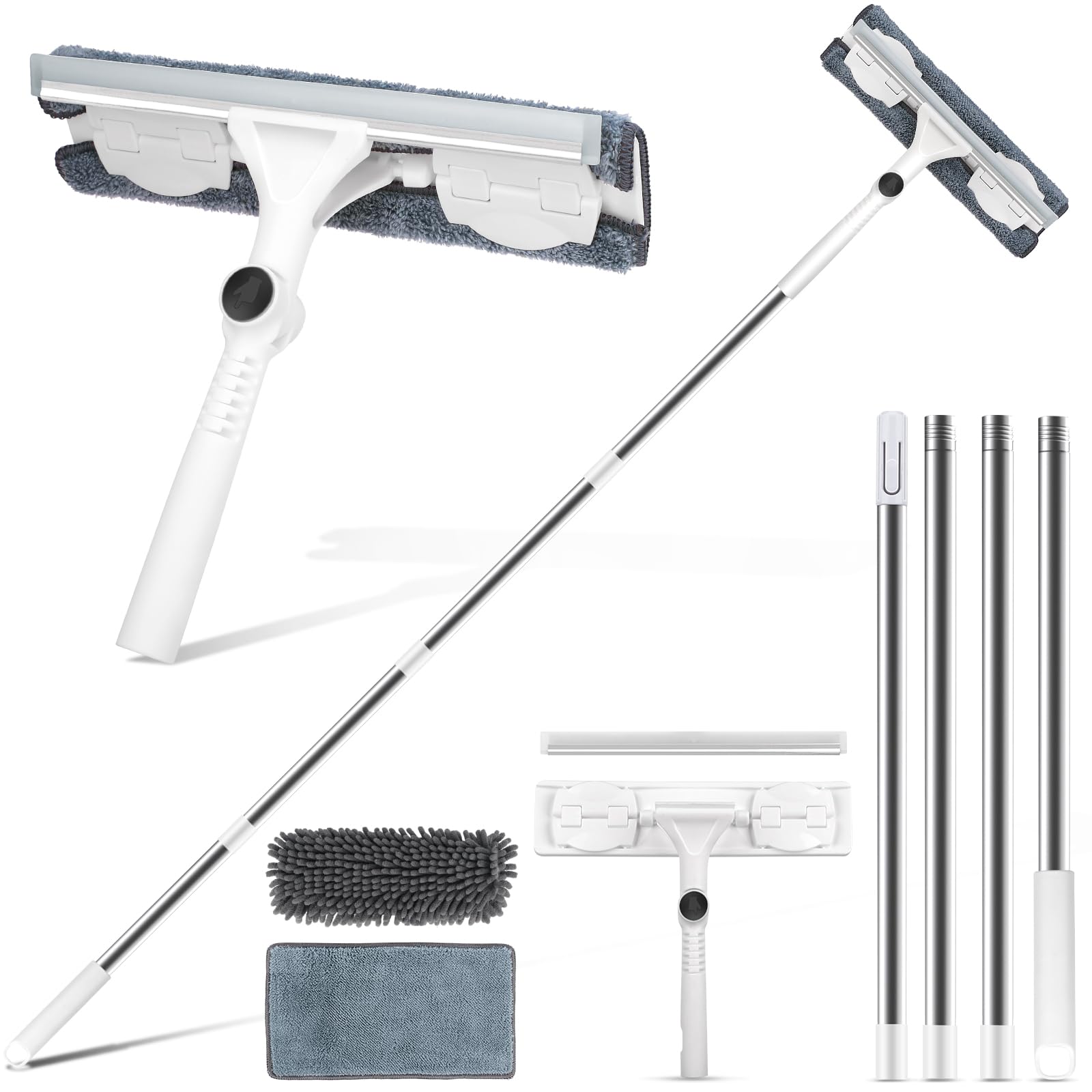 Window Cleaning Equipment，Chilymes 2-In-1 Telescopic Window Cleaner Kit Window Cleaner Tool With Silicone Squeegee & Microfiber/Chenille Scrubber 168cm Rotatable Head Telescopic Window Cleaner Kit