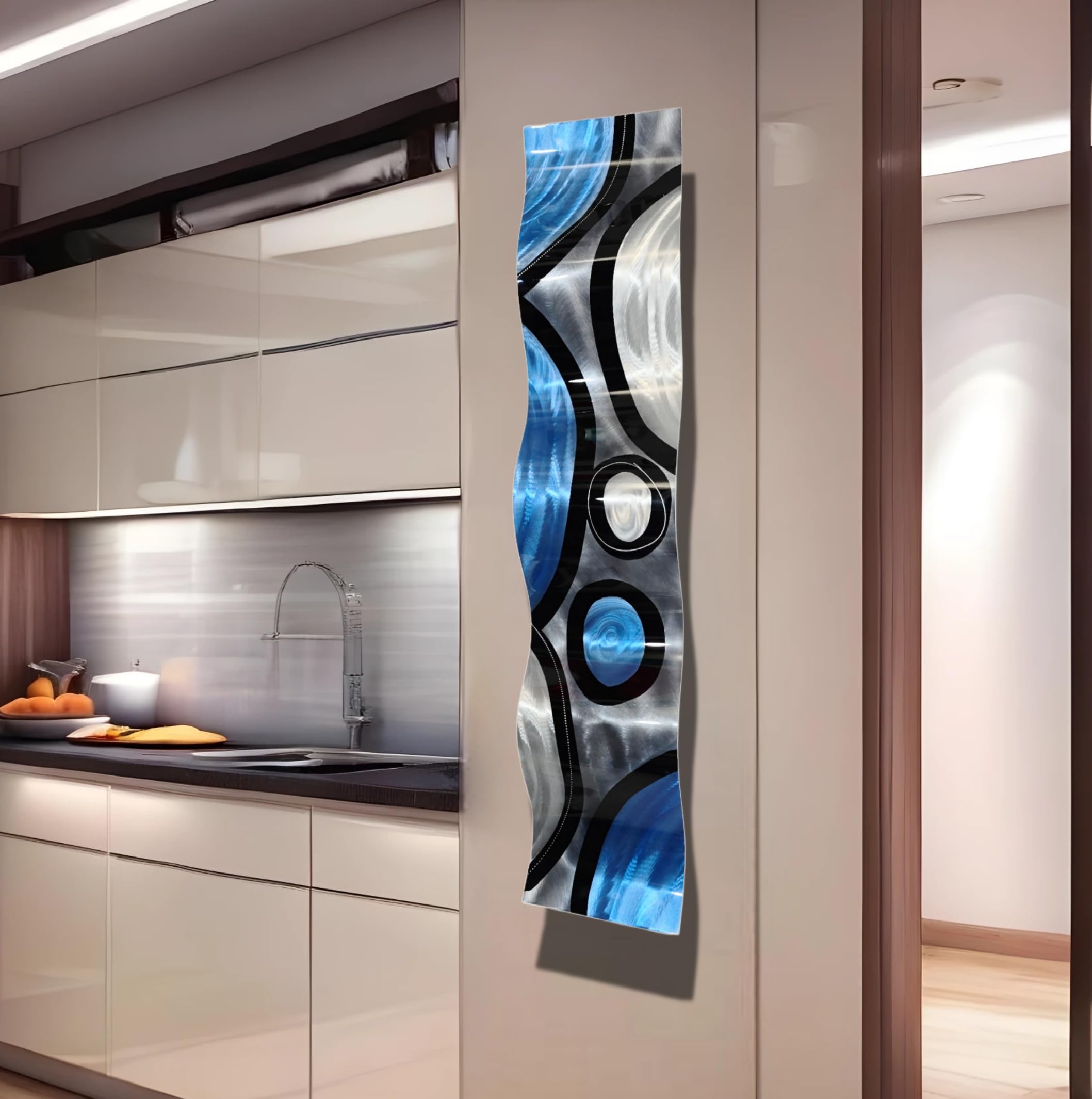 Statements2000 Silver, Charcoal Grey, Blue and Black Wave Wall Accent - Metal Wall Art Home Decor Accent - Rains Of Blue Wave by Jon Allen - 46" x 10"