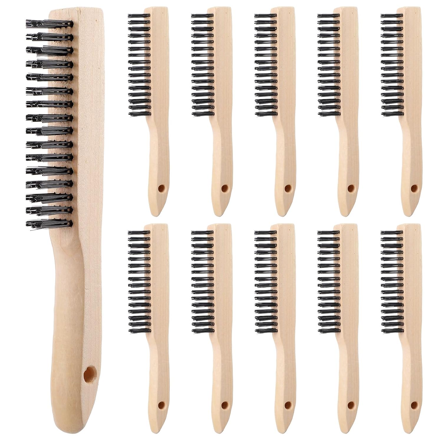 12Pcs Wire Brush, 10" Heavy Duty Stainless Steel Wire Brushes for Cleaning Rust, Multi-Purpose Steel Scratch Brushes for Cleaning Welding Slags, Stiff Bristle Metal Brush with Wooden Handle