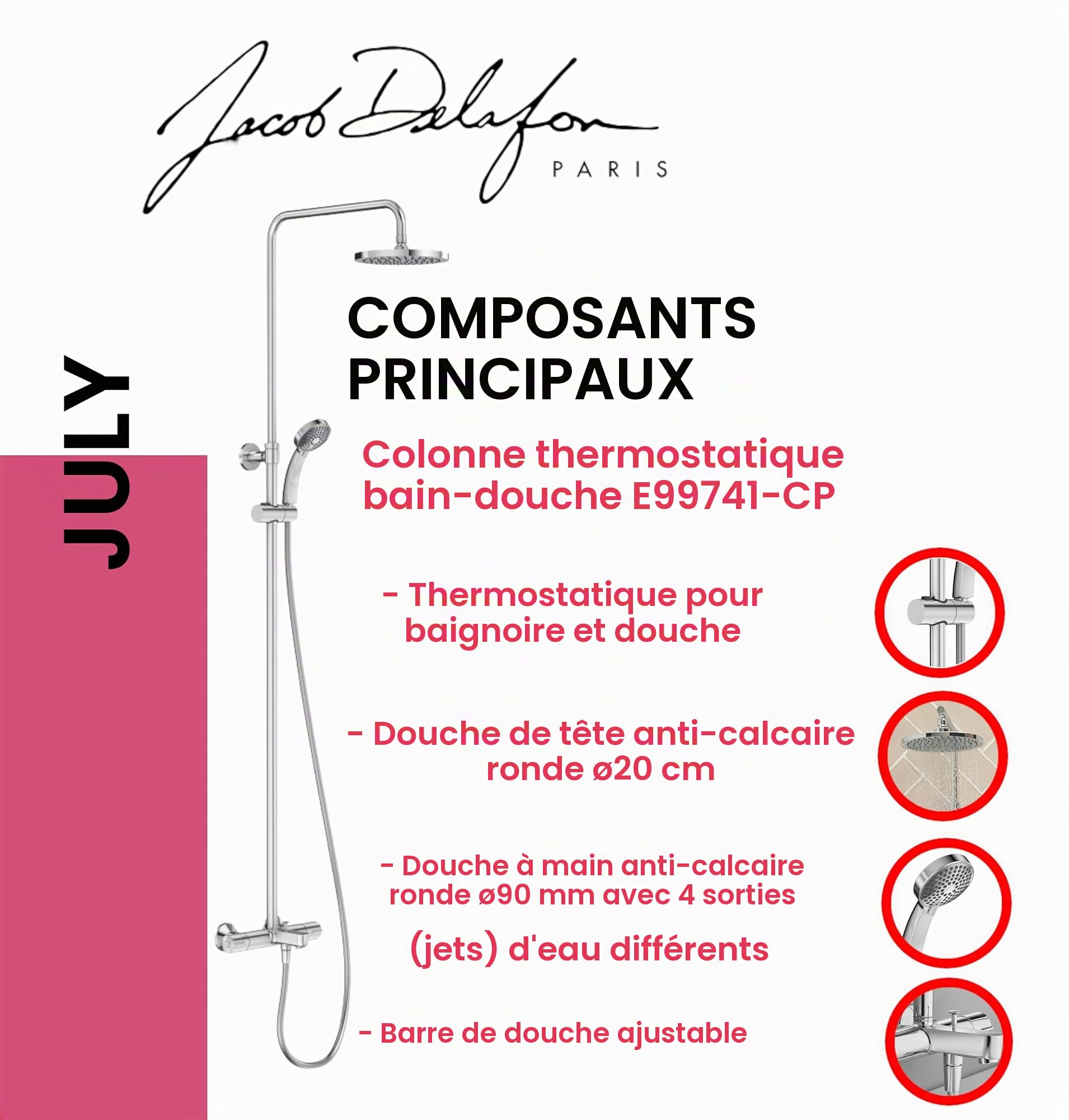 JACOB DELAFON Colonne douche et bain thermostatique ronde Hauteur réglable Douche tête 200 mm Douche à main JULY E99741-CP