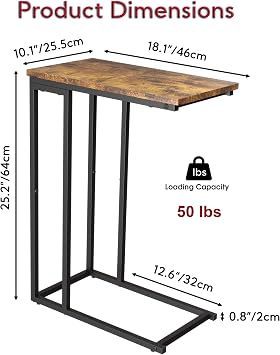 Yusong Small C Shaped End Table, Slim Narrow Couch Side Tables Slide Under Sofa Bed, Skinny Snack Tray Table for Coffee Laptop in Living Room, Rustic Brown and Black