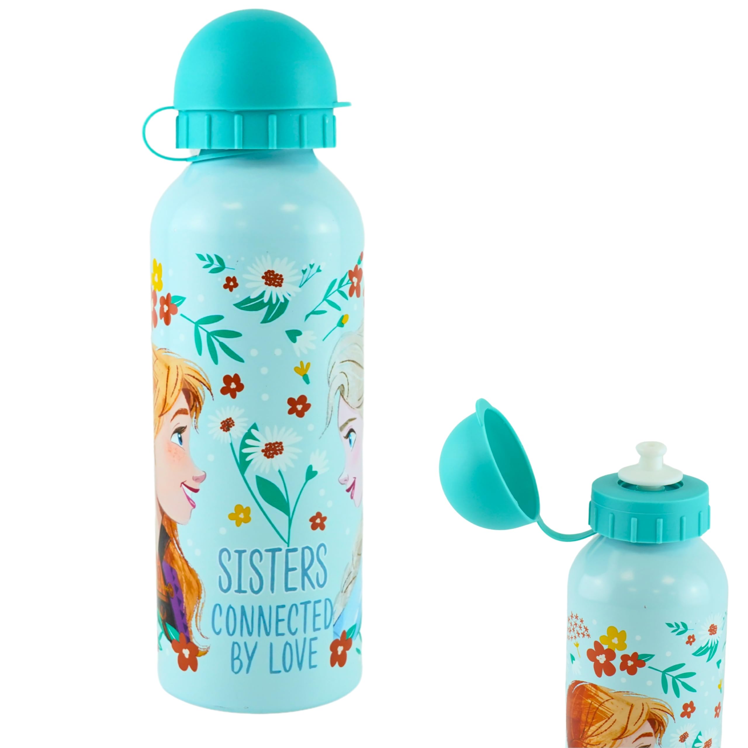 SRV Hub Frozen Aluminum Water Bottle, 500ml Kids Reusable Non-Spill BPA Free Lightweight Leakproof KBT Disney Bottle, Ideal for School Nursery Sports Picnic | Turquoise