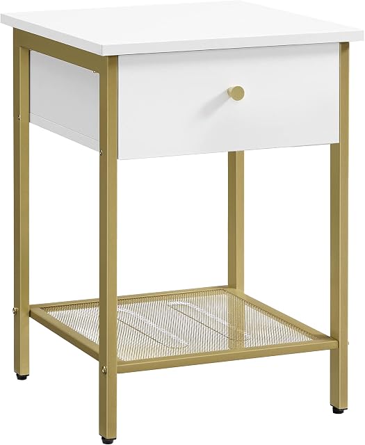 VASAGLE Bedside Table, Sofa Side Table, Nightstand with Drawer, Open Shelf, for Bedroom, Living Room, Modern Style, White and Gold LET512A10