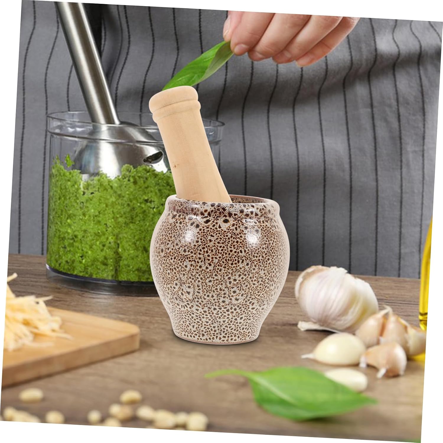 SOLUSTRE Ceramic Garlic Pounder Manual Stone Mortar Pestle Avocado Masher for Restaurant Spice Seasoning Grinder Bowl and Pestle