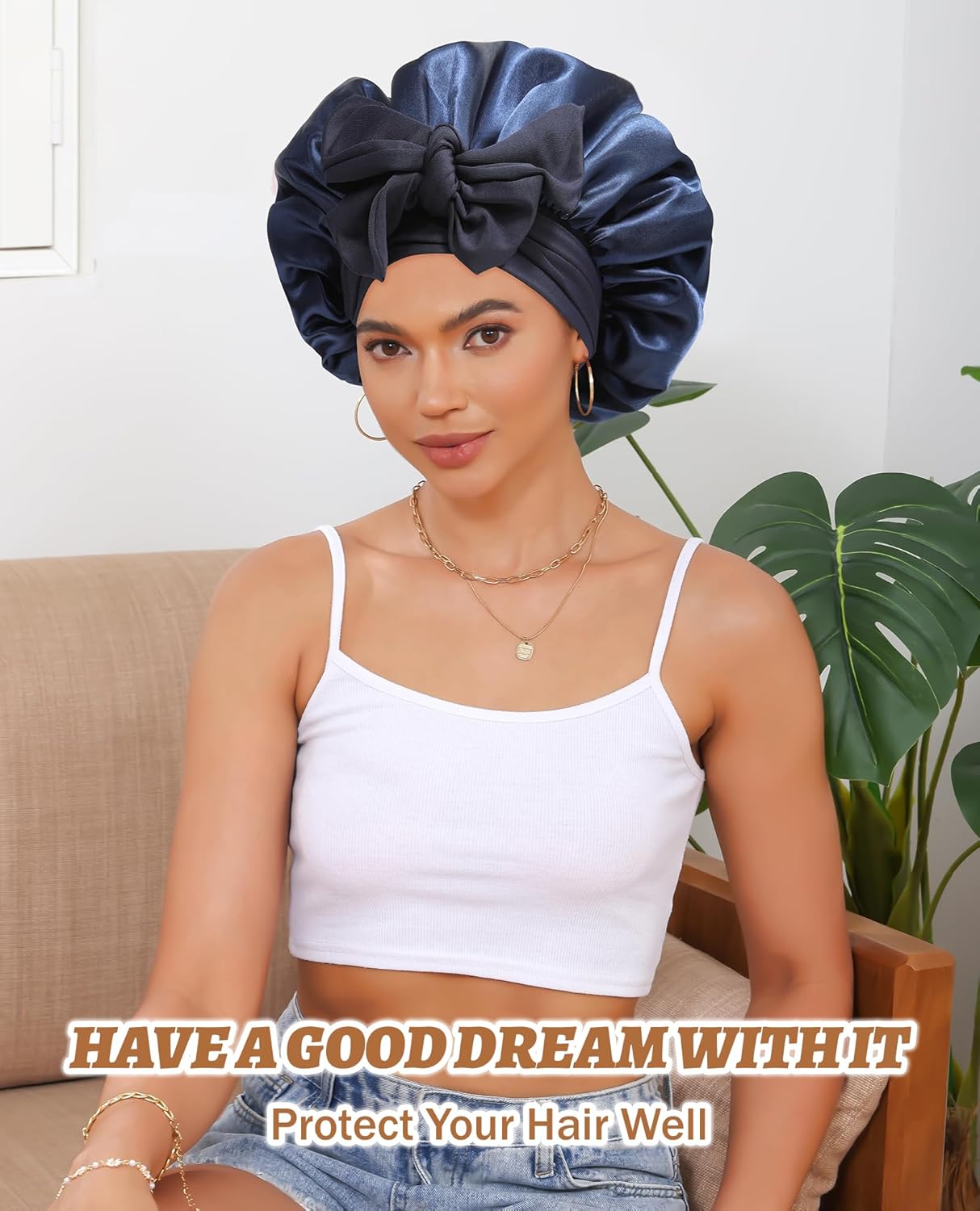 Satin Bonnet Silk Bonnet for Sleeping Silk Sleep Cap Double Layer Hair Bonnet with Elastic Tie Band for Curly Hair Night Cap (Navy+Light Blue) - Image 6