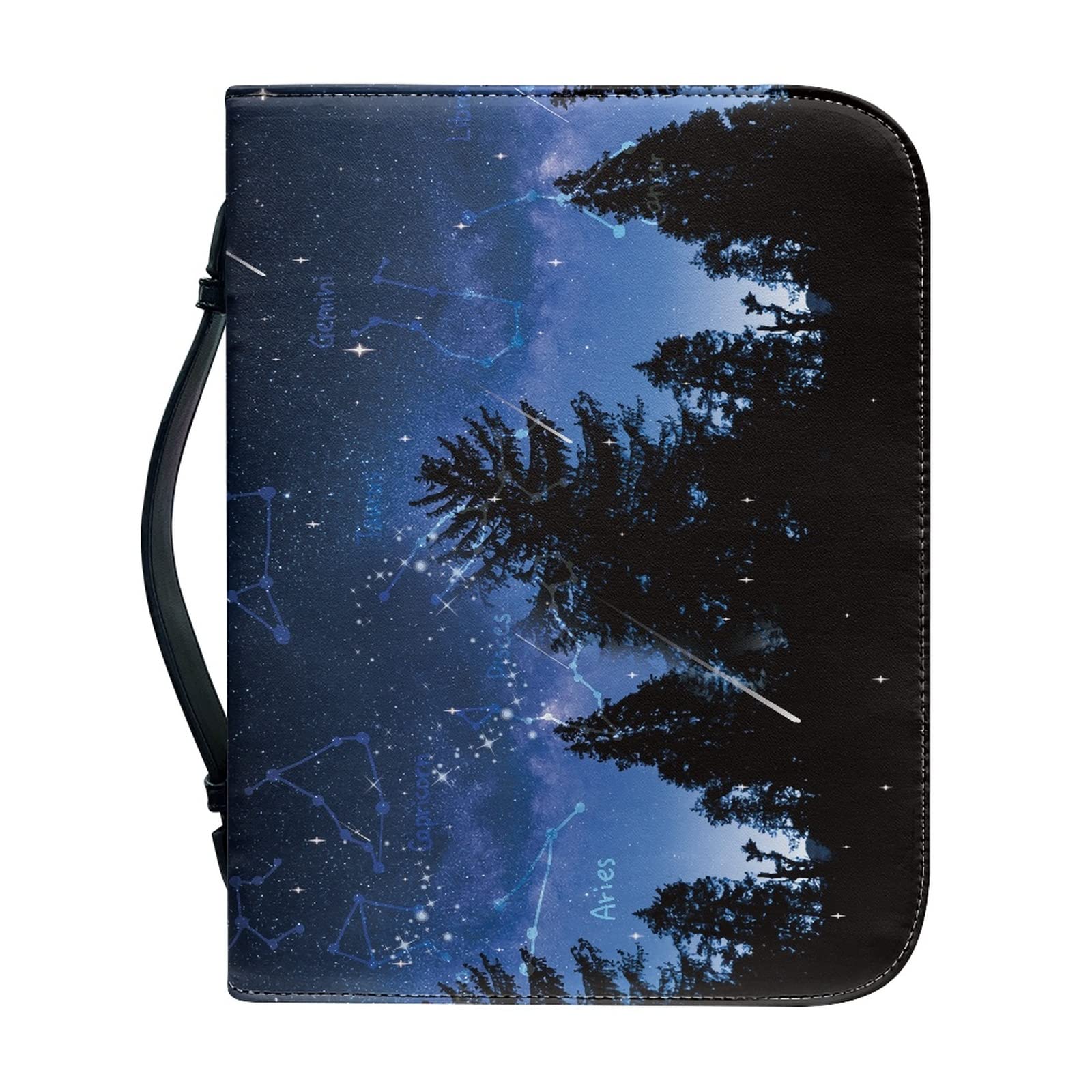 Kuiaobaty Starry Night Forest Book Cover Case for Notebook,Novel,Bible, Handle Zipper PU Leather Carrying Book Case for Men,Women Kids