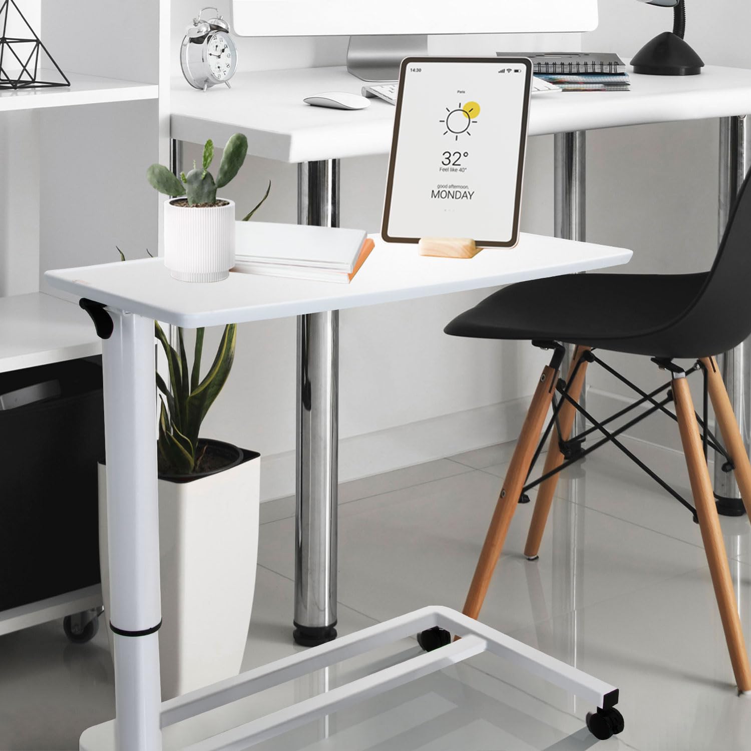hjh OFFICE 830054 Sitz-Stehtisch höhenverstellbar Stand II Weiß Beistelltisch mit Gasfeder & Rollen, Höhe bis 107 cm