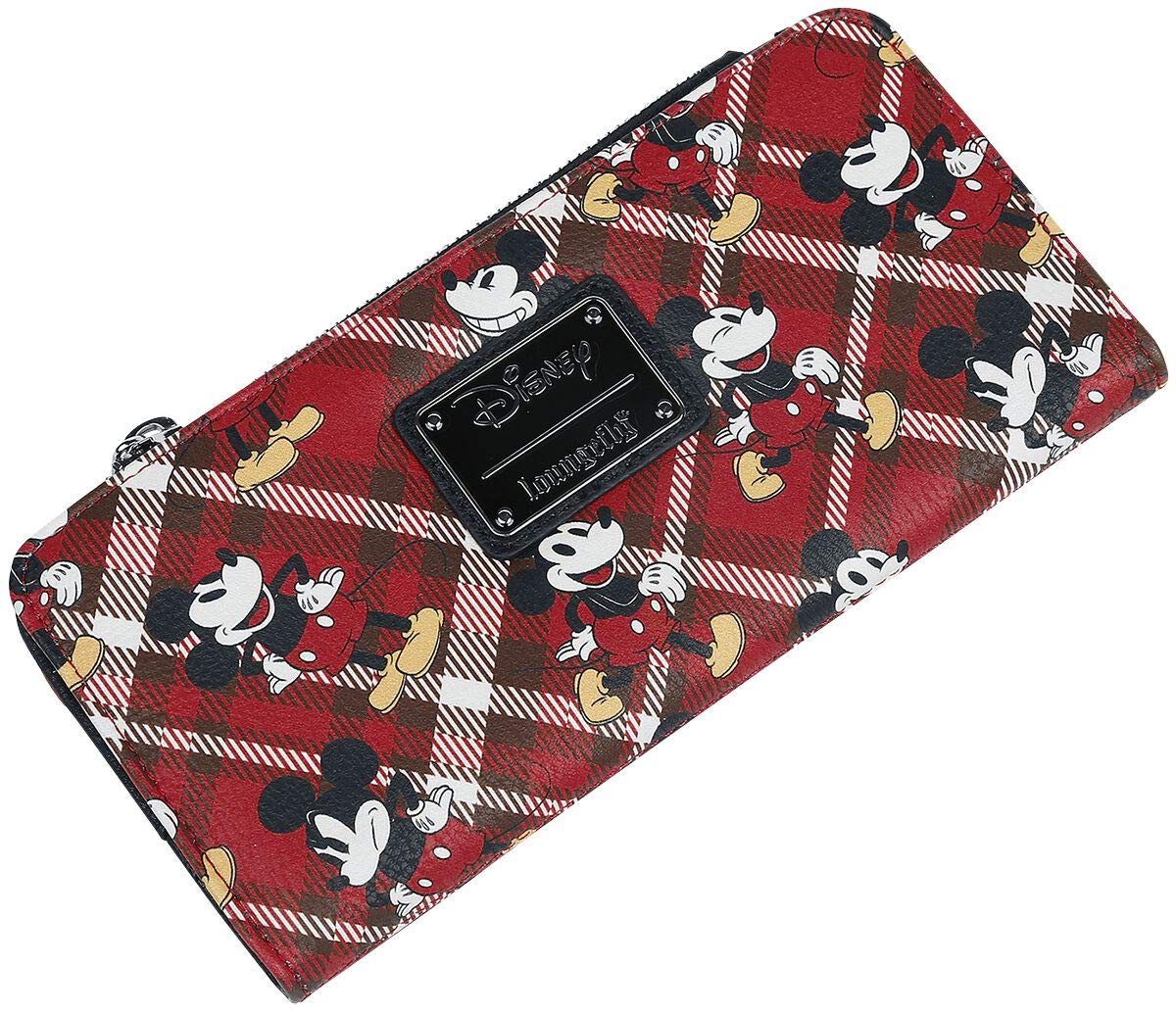 Faux Leather x Mickey Mouse Plaid Wallet (Multicolored, One Size), Red, 8" x 4" x 1"