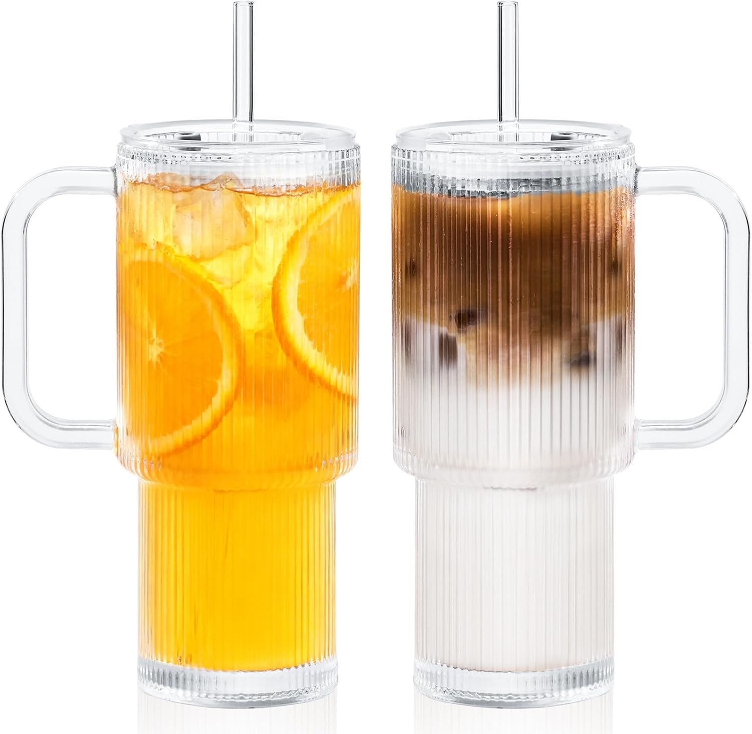GOSCHE 26oz Glass Tumbler with Straws and Lids, Ribbed Iced Coffee Cups, Thickened Glass Cups Set Ideal for Coffee, Smoothies, Cocktails, and Juices, Clear, 2 Pack