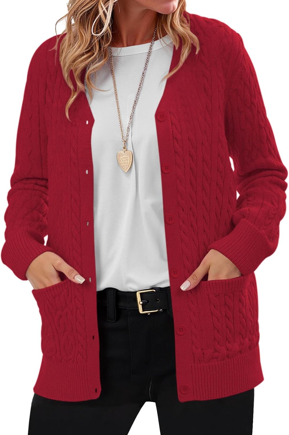 QUEZHU Women's Cable-Knit Cardigan Sweater V-Neck Winter Warm Cardigans