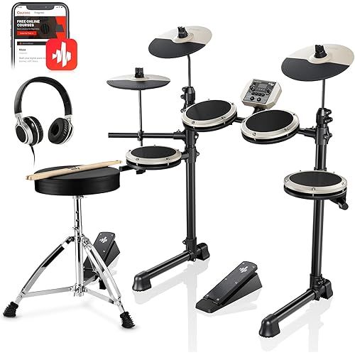 Donner DED-80 Electric Drum Kit with 4 Quiet Mesh Pads, 180+ Sounds, 30 Demo Songs, 10" Cymbals, 2 Pedals, Throne, Headphones, Sticks, USB MIDI, Melodics Lessons, White