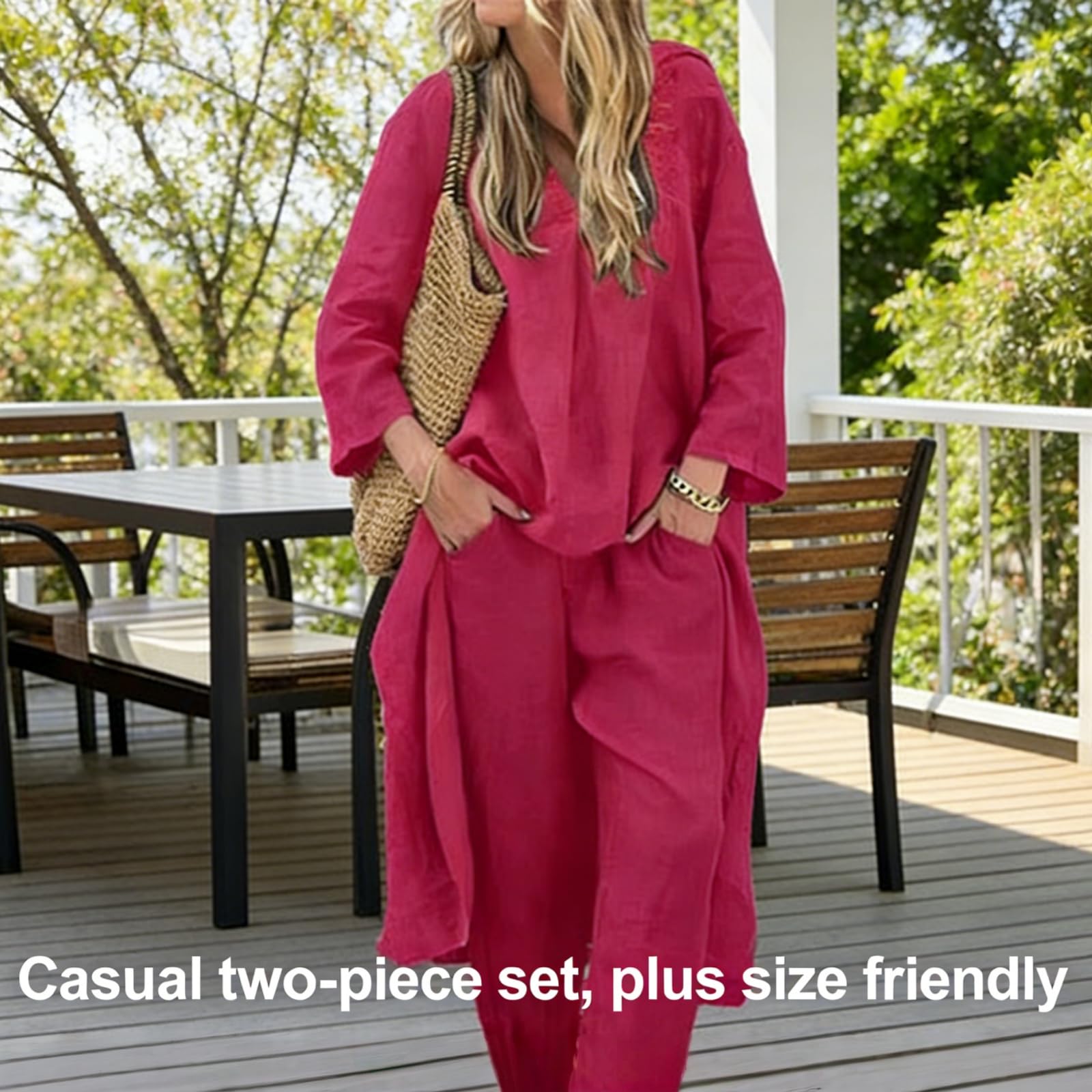 Damski 2-częściowy zestaw plus size bawełniana i lniana koszula strój z wysokim stanem luźne spodnie dekolt w serek rękaw 3/4 letni strój wypoczynkowy
