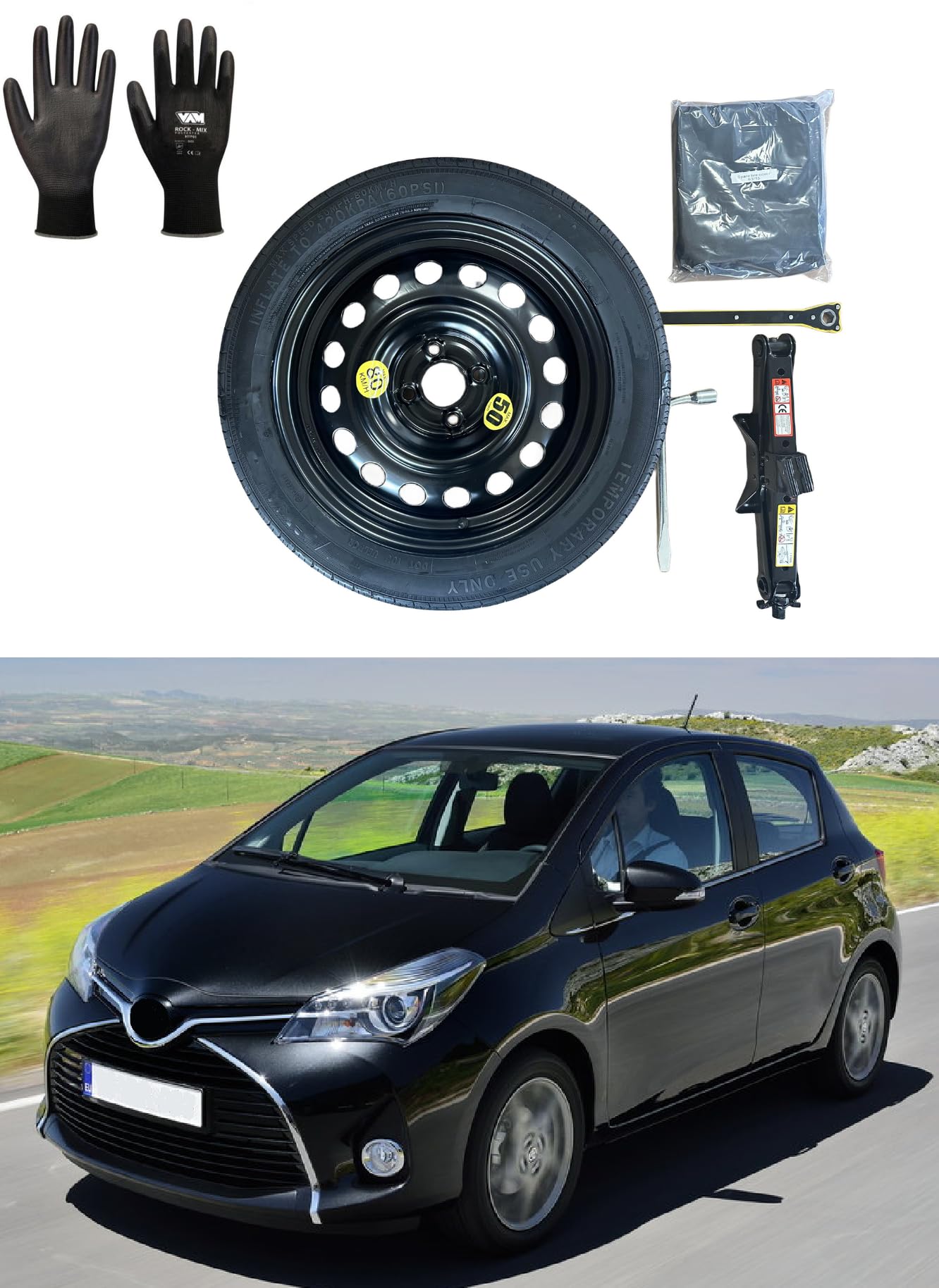 Kit Ruotino di Scorta 15" compatibile con Toyota Yaris 4 fori (1999-2019) con Cric, Chiave, Guanti e Sacca