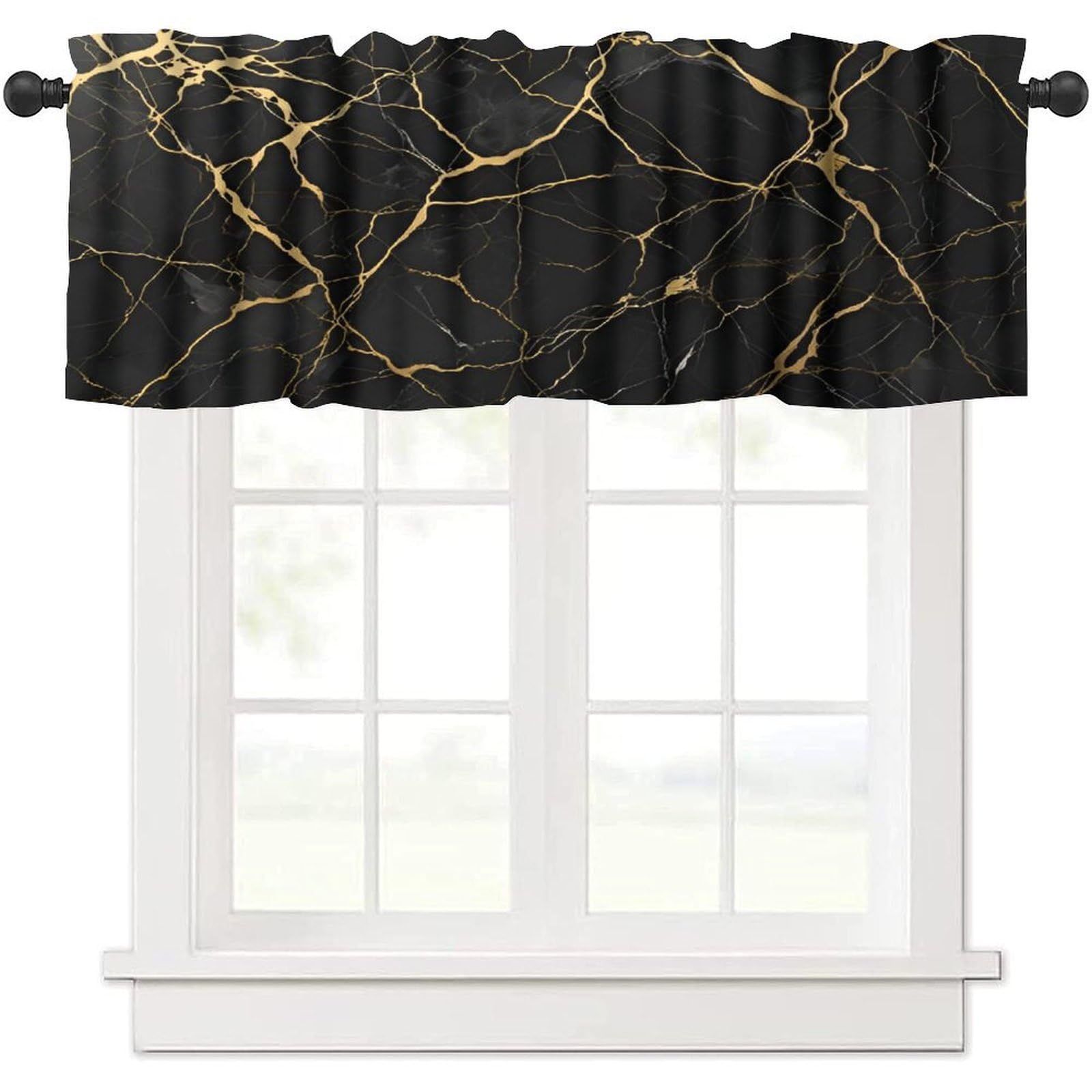 Mchenxin Gold Black Marble Valance, Modern Luxury Vinatge Marbling Abstract Ink Art Painting Blackout Short Window Curtain Treatment for Kitchen
