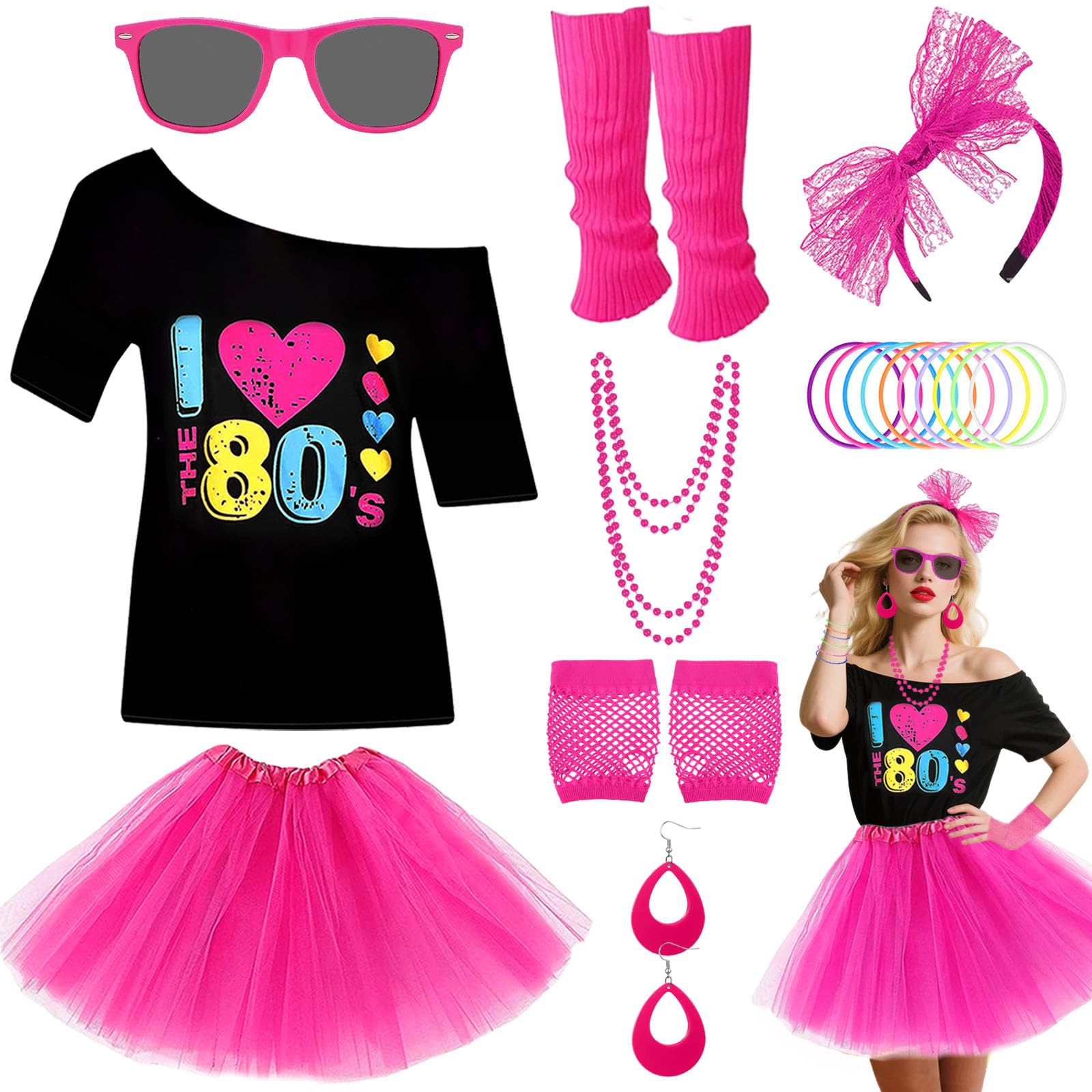 80s Costume Accessories Set for Women, 1980s Neon Party Kit with T-shirt Tutu Skirt Headband Earring Necklace Glasses Bracelet Fishnet Gloves Leg Warmers for 80s Retro Party Dress up (Rose red, M)
