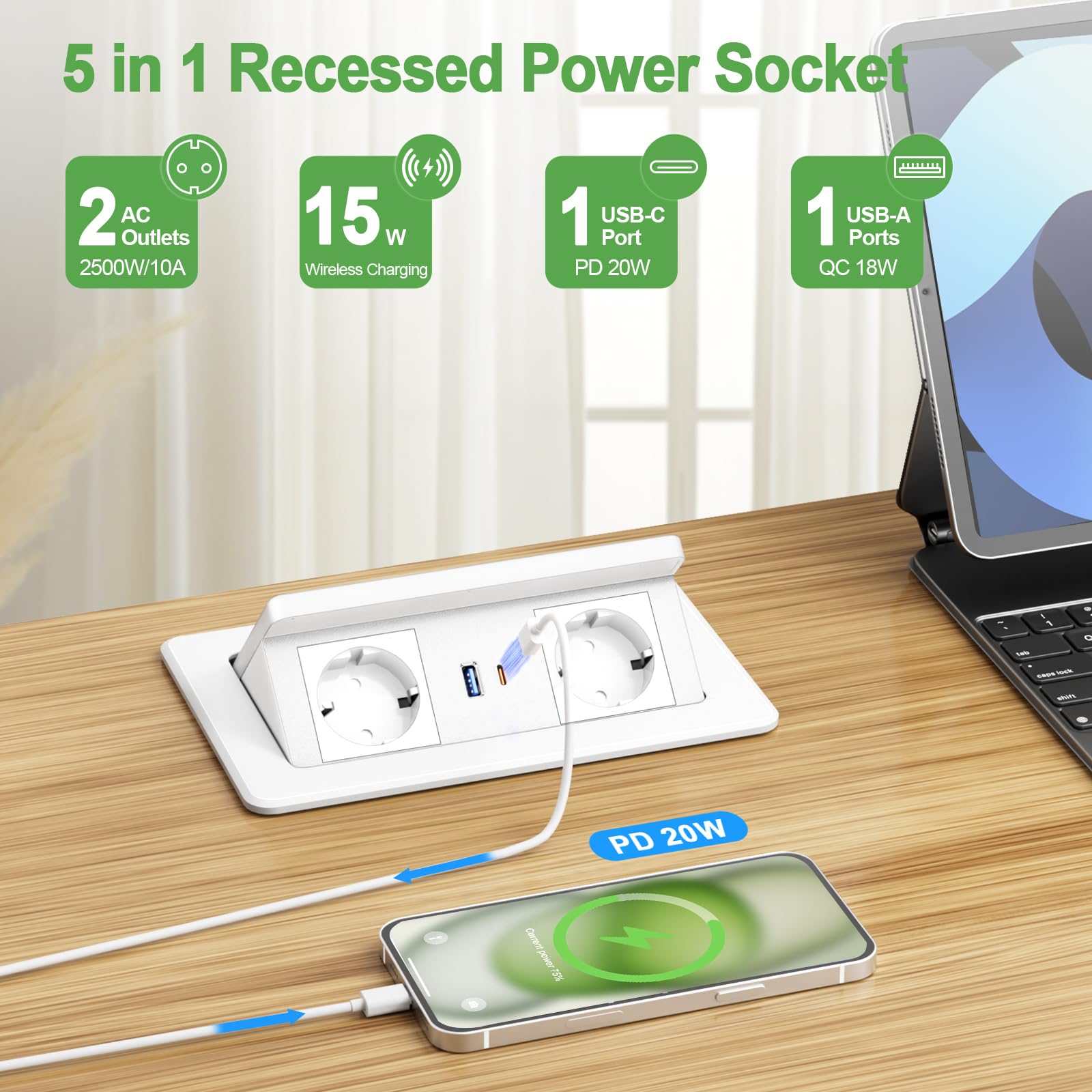 Prise Encastrable Plan de Travail avec USB C PD 20 W et 15 W - Chargeur sans Fil, Multiprise Encastrable Plan de Travail USB C pour Table de Canapé, Maison Bureau - Câble de 1,8 m, Blanc