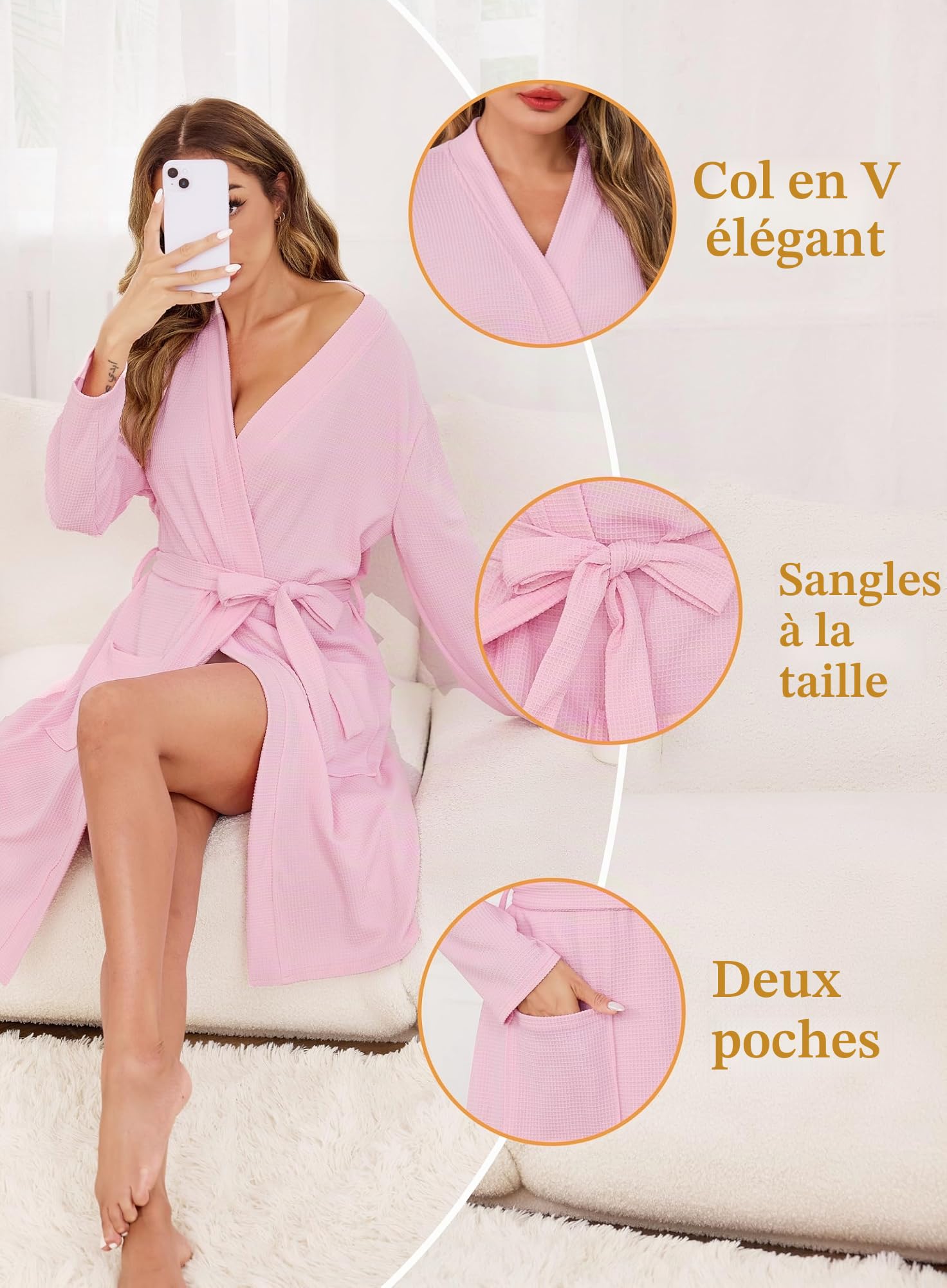 Sopesil Peignoir de Bain Femme Coton Robe de Chambre en Tissu Waffle à Manches Longues avec Col V Kimono Femme Ceinture et Poches Hôtel Spa Tailles S-XXL