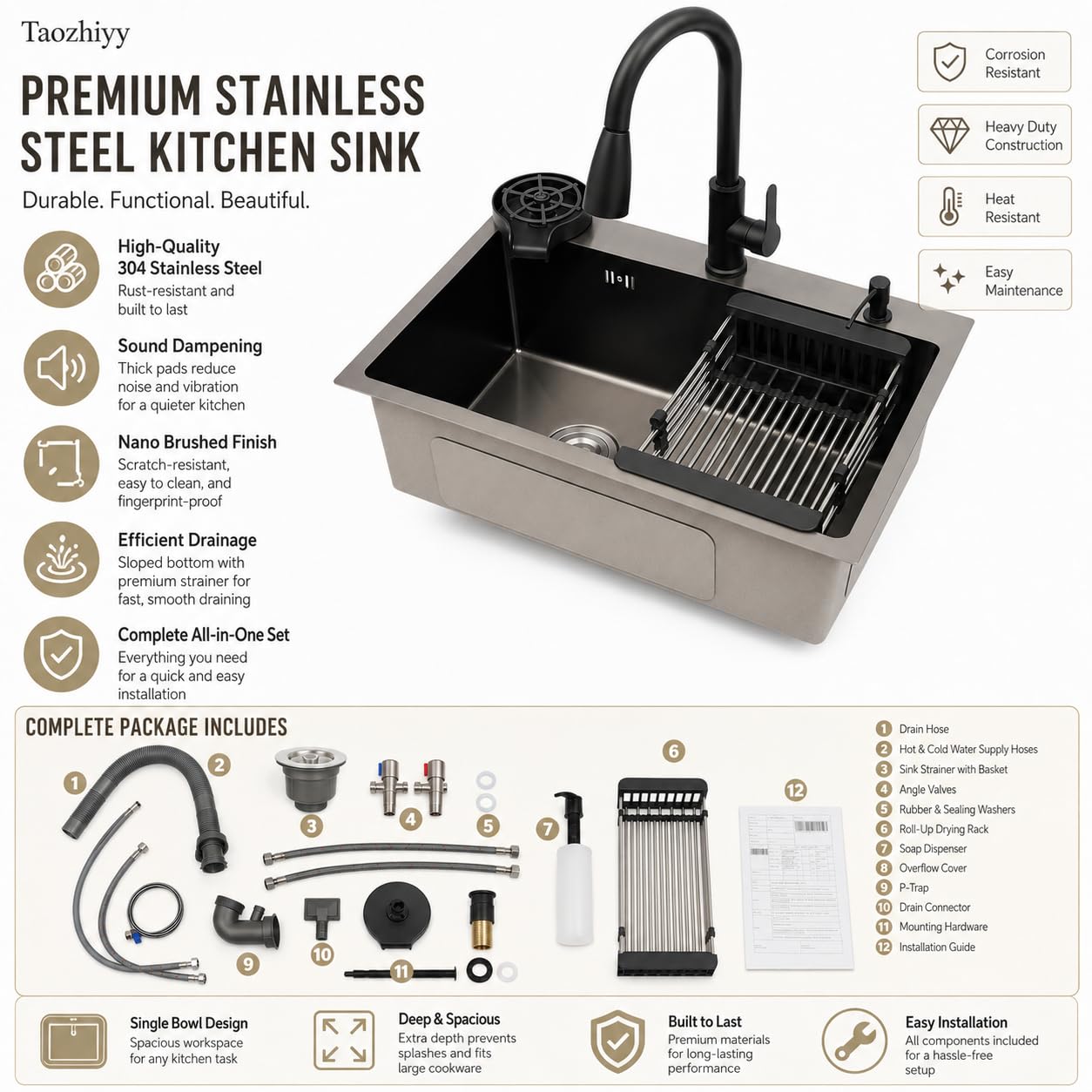 Fregadero de cocina de acero inoxidable, 1 fregadero de cocina, 45 x 40 cm, con grifo extraíble, fregadero empotrado con lavavajillas para tazas, escurridor y dispensador de jabón, para restaurantes