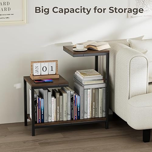 Miniatura 4 de Mesa auxiliar en forma de G, pequeña mesa auxiliar para sala de estar, mesita de noche con estante de almacenamiento, mesas esquineras para espacios