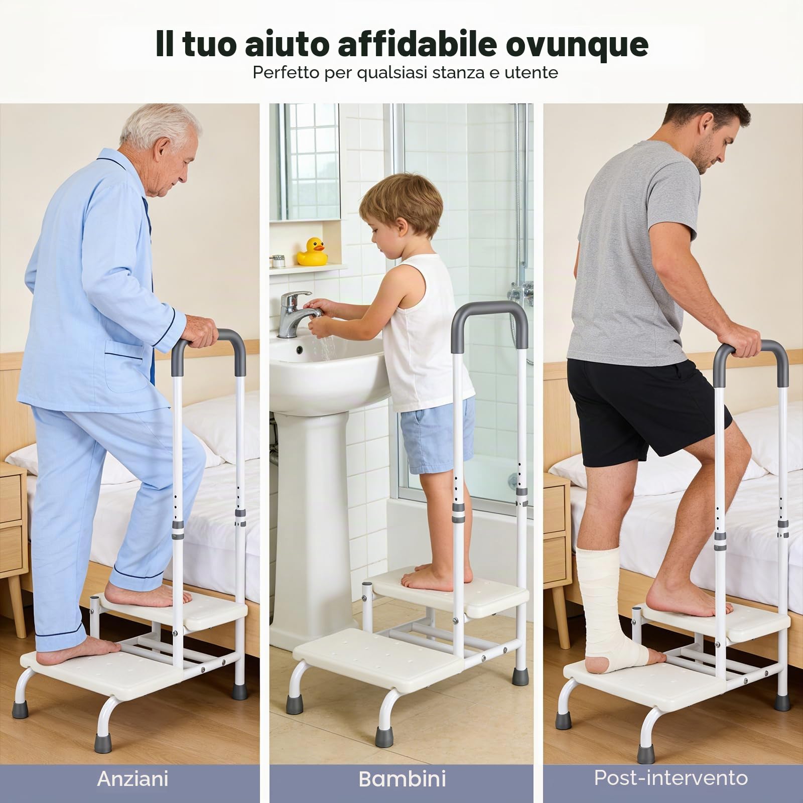 Sgabello con Gradino con Maniglia - Gradino di Sicurezza Mobile con Bracciali Regolabili e Scale Antiscivolo a 2 Livelli, Fino a 135kg, per Anziani e Disabili e Bambini, Letto, Vasca