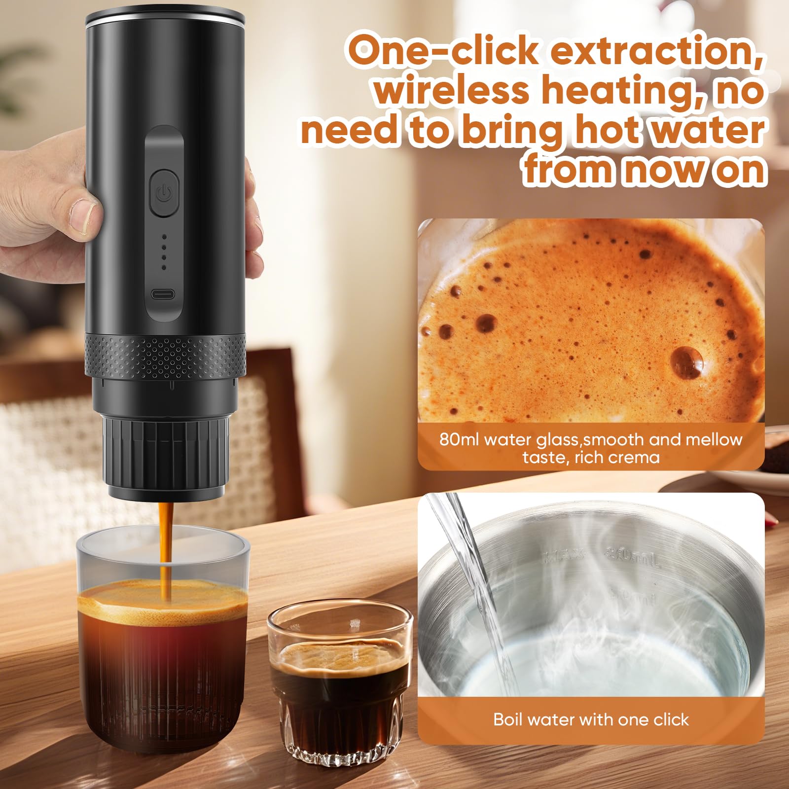 3 En 1 Tragbare Kaffeemaschine Kapseln, Mini Espressomaschine Klein mit 20BAR Pumpdruck, Reise Kaffeemaschine Klein mit Akku, Camping Geschenke für Home, Auto & Outdoor