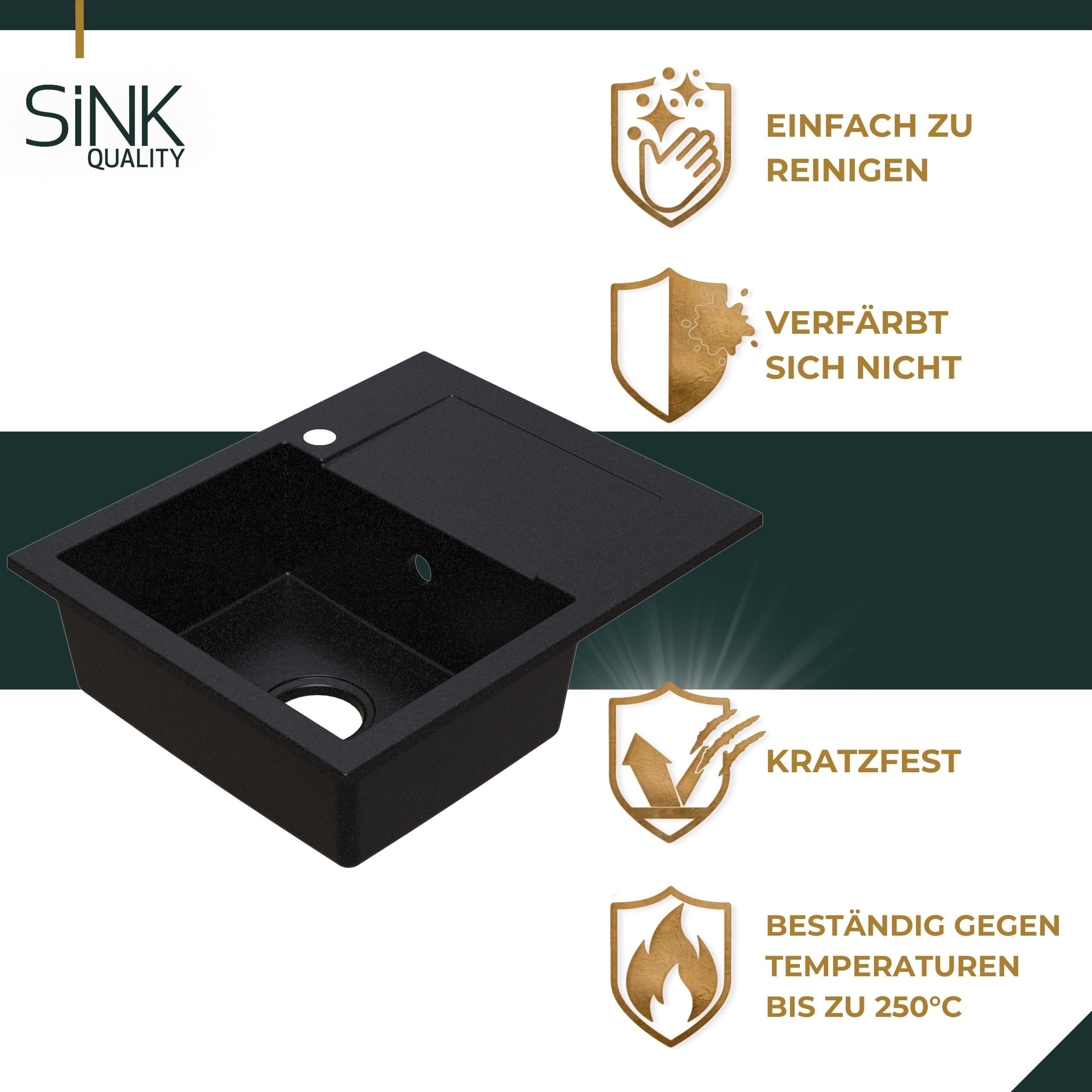 SINK QUALITY zlewozmywak granitowy czarny cętkowany z armaturą 58 x 47 – zlewozmywak z syfonem i środkiem impregnującym – zlewozmywak kuchenny czarny nakrapiany z ociekaczem do szafki pod umywalkę 50
