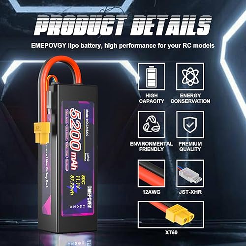 Miniatura 2 de Batería Lipo de 11.1V 3S 5200mAh 80C Lipos Estuche rígido con conector XT60 para coches RC camiones 18 110 vehículos RC (2 paquetes)