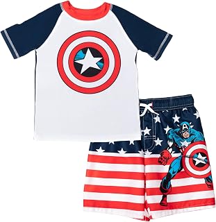 Avengers Captain America Little Boys Rash Guard Swim Trunks Set White/Blue 5-6