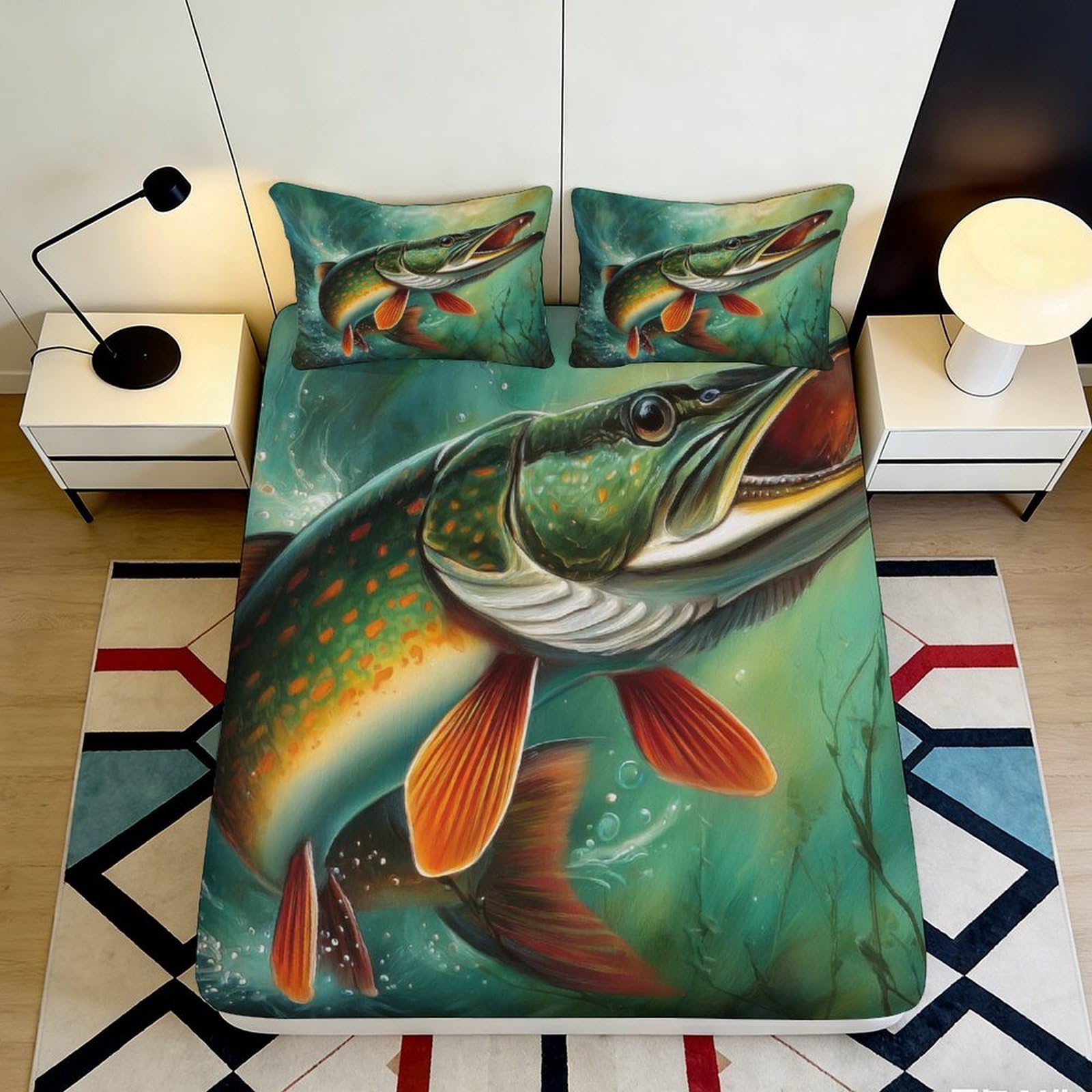 3D Printed Pike Fish Fitted Sheet Microfiber Soft Durable Underwater Pattern Bed Cover for Bedroom Dormitory Guest Room Mattress Protection 120x200x25cm