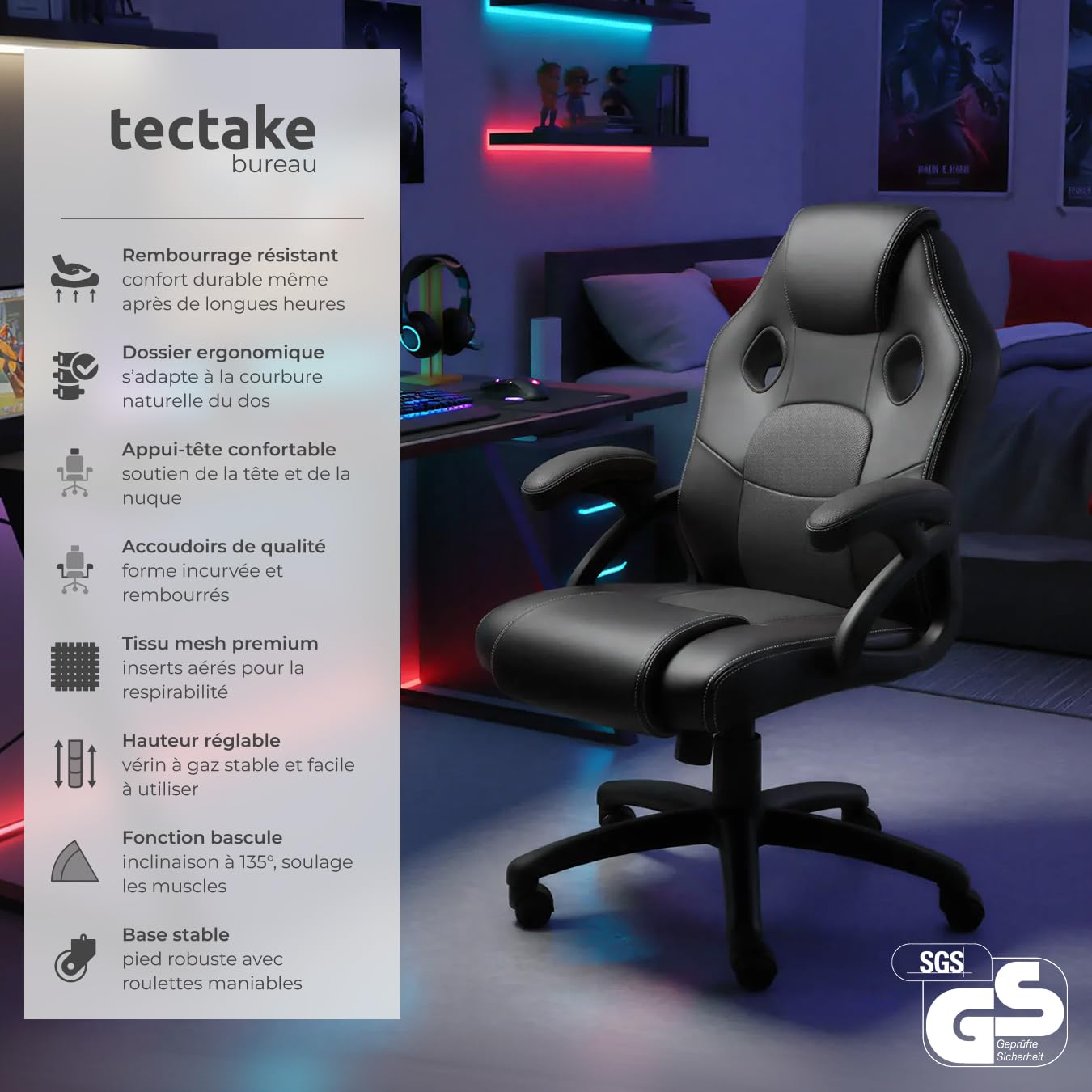 tectake® Chaise Gaming Chaise de Bureau Fauteuil de Bureau Fauteuil pivotant Design 360°, Siege Ergonomique, Fauteuil avec Accoudoirs, Rembourrage épais, Roulette, Hauteur réglable, Teletravail