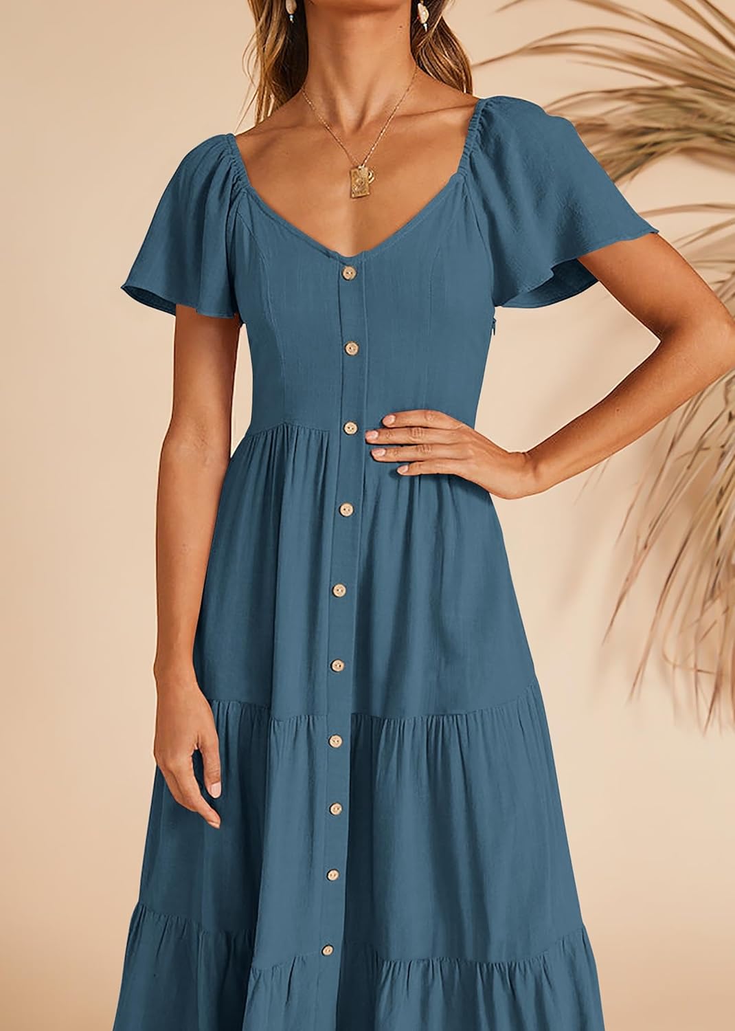 KIRUNDO Women's Linen Midi Dress - Short Sleeve V-Neck Button Tiered Summer Dress With Pockets