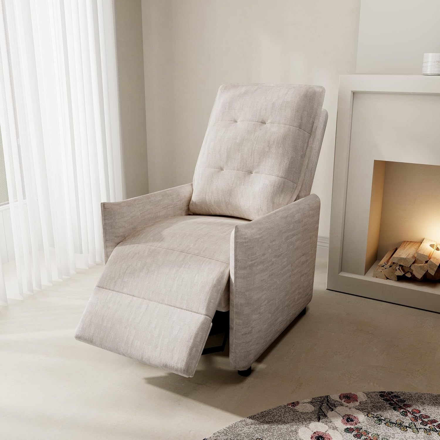 Chenille Fabric Recliner Chair for Adults – Manual Push Back Reclining Sofa with Sturdy Metal Frame, Overstuffed High-Density Foam & Adjustable Footrest for Living Room or Home Theater (Beige)