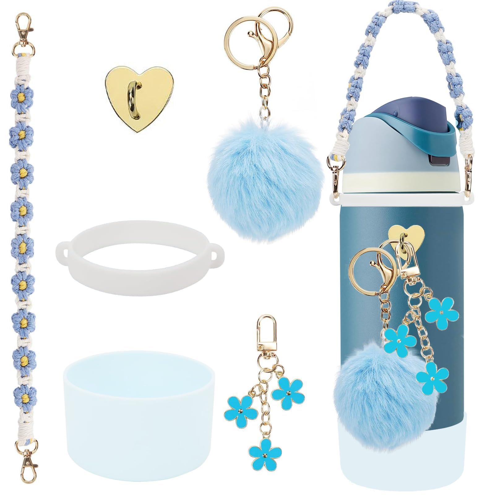 6Pcs Cup Accessories Set for Owala Water Bottle 40oz, 1Pcs Water Bottle Handle Strap, 1Pcs Siliocne Cup Boot, 3Pcs Charms for Owala Kids, Owala Coffee Tumbler, Owala FreeSip-Blue