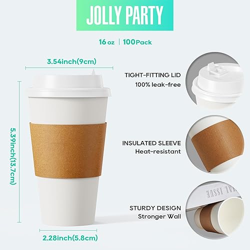 Miniatura 9 de JOLLY PARTY Paquete de 50 Tazas de café de papel de 20 onzas, taza de café de papel desechable con tapas, mangas y agitadores, taza de bebida