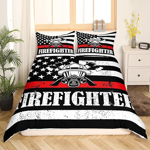 Miniatura 3 de Manfei Juego de funda de edredón de bandera estadounidense para niños, tamaño matrimonial, funda de edredón de bomberos con 2 fundas de almohada,