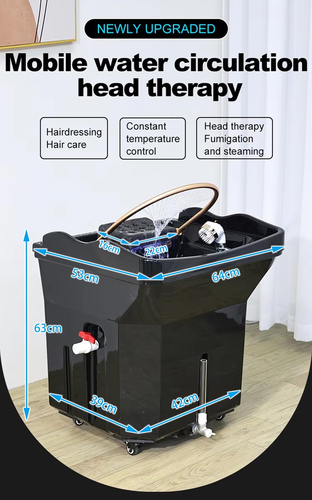 Lavacabezas Móvil para Peluquería, Equipo de Tratamiento Capilar con Depósito de 60L, 4 Ruedas Bloqueables, Almohada Ajustable, Fototerapia y Vaporización, Ideal para Spas y Salones de Belleza, Negro