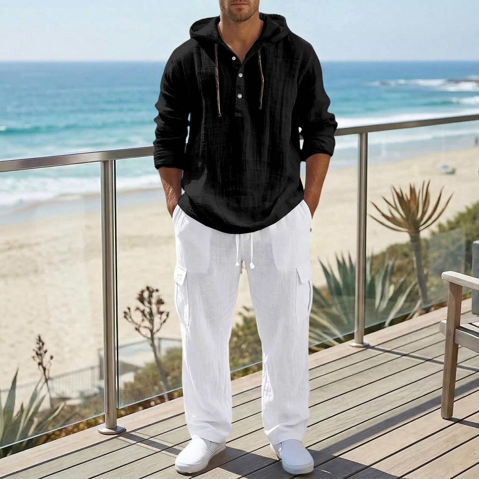 Generico Completo Estivo Uomo in Cotone Lino Leggero Felpa con Cappuccio e Pantaloni Cargo a Gambe Larghe 2 Pezzi Set Tuta Estivi Completa Lino Camicia con Bottone Traspirante Taglie Forti