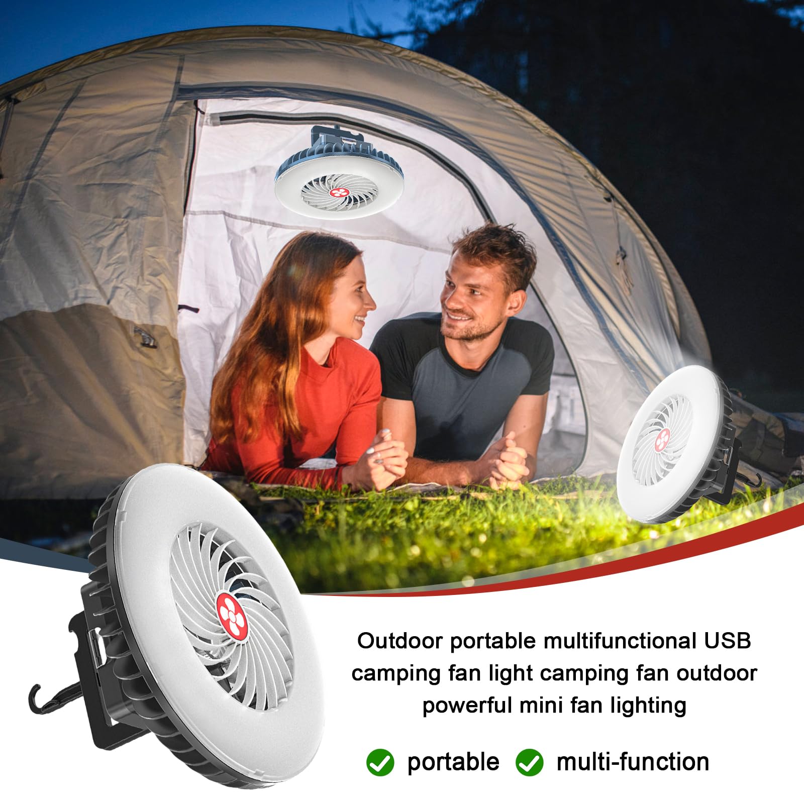 PORFOYO Lampada da campeggio a LED con ventilatore USB ricaricabile, ventilatore da campeggio con luce a LED, 1200 mAh, ventilatore da campeggio, ventilatore USB con luce per esterni, pesca