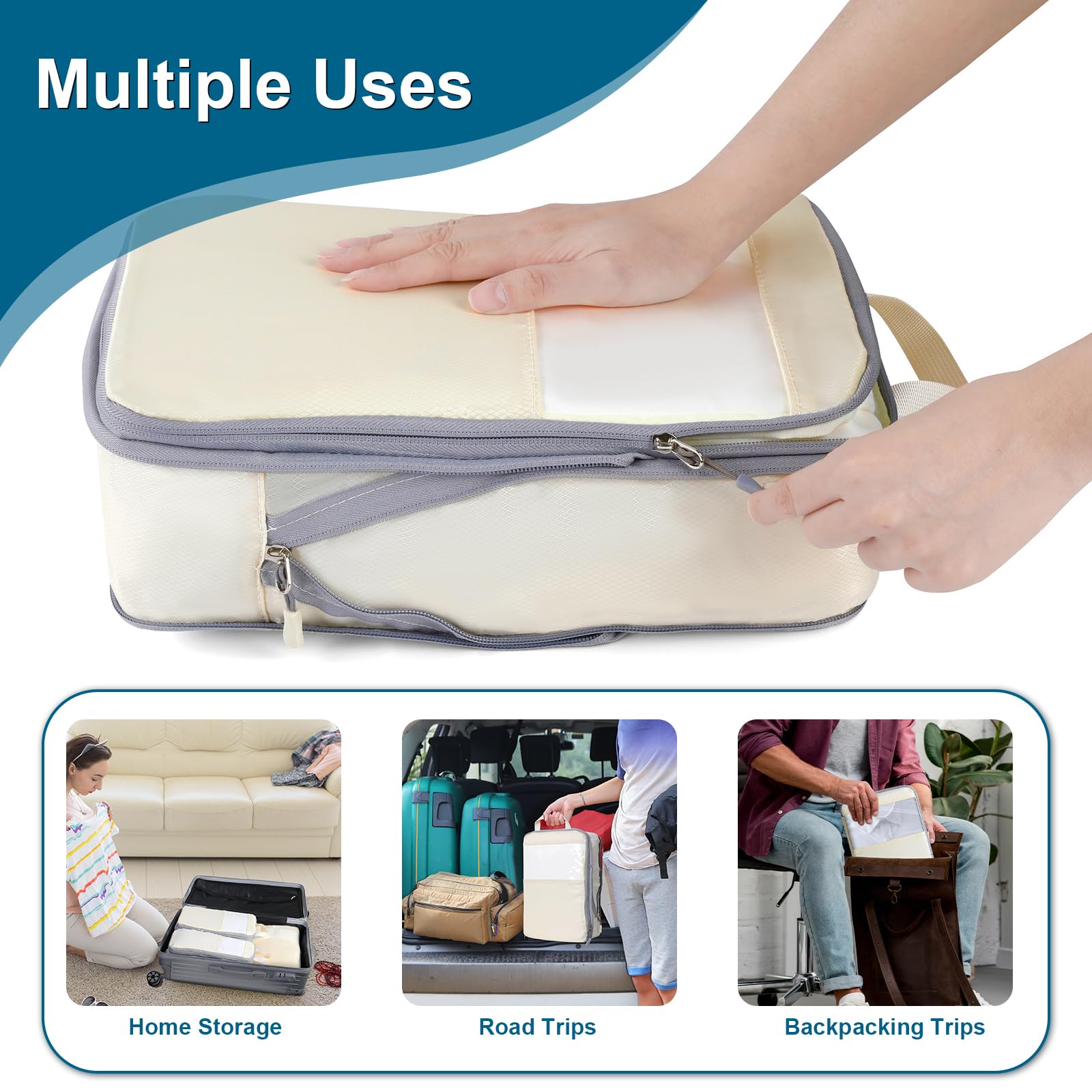 Cozary Organizer Valigia - Set di Packing Cubes con Compressione e Tessuto in Poliestere Impermeabile, Set Intimo da Viaggio per Zaini o Bagagli a Mano, Perfetto per Viaggi e Campeggio - Beige