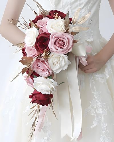 Miniatura 4 de Ramo de boda en cascada de 9 pulgadas para novia, color marfil, rosa, burdeos, rosa, cascada, ramo de lanzamiento de boda con hojas doradas, ramo