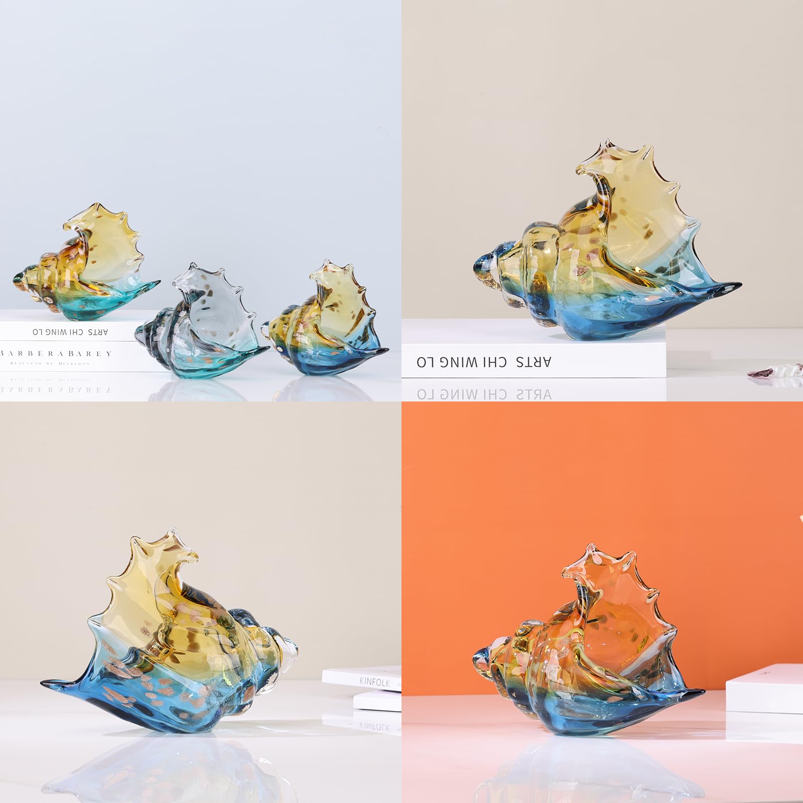 DOVDOV Statue di conchiglie in vetro soffiato a mano, statuette d'arte in vetro blu e ambrato, conchiglie per decorazioni per la casa costiera, supporto TV e libreria, ripiani del bagno e decorazione