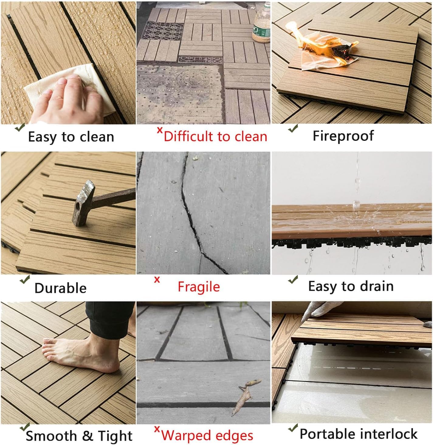 Piastrelle per esterni – legno ad incastro, durevoli e resistenti alle intemperie, motivo goffrato per balcone e patio