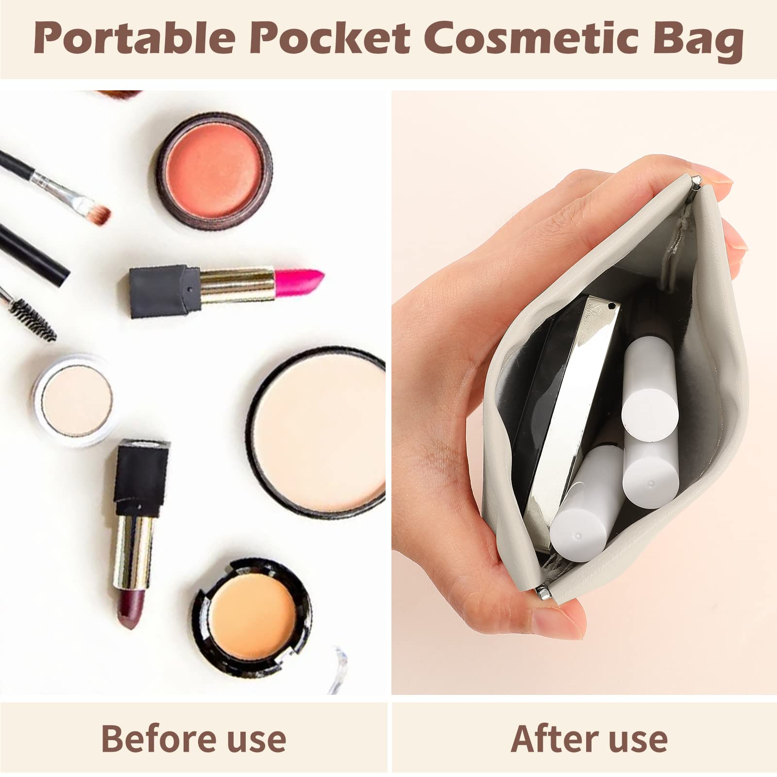 Boobeen Pocket Cosmetic Bag Portable Squeeze Top Pocket Makeup Bag No Zipper Makeup Bags Purse for Women Waterproof Cute Mini Multifunctional Travel Storage Bag, for Cosmetics Jewelry Headphones 3