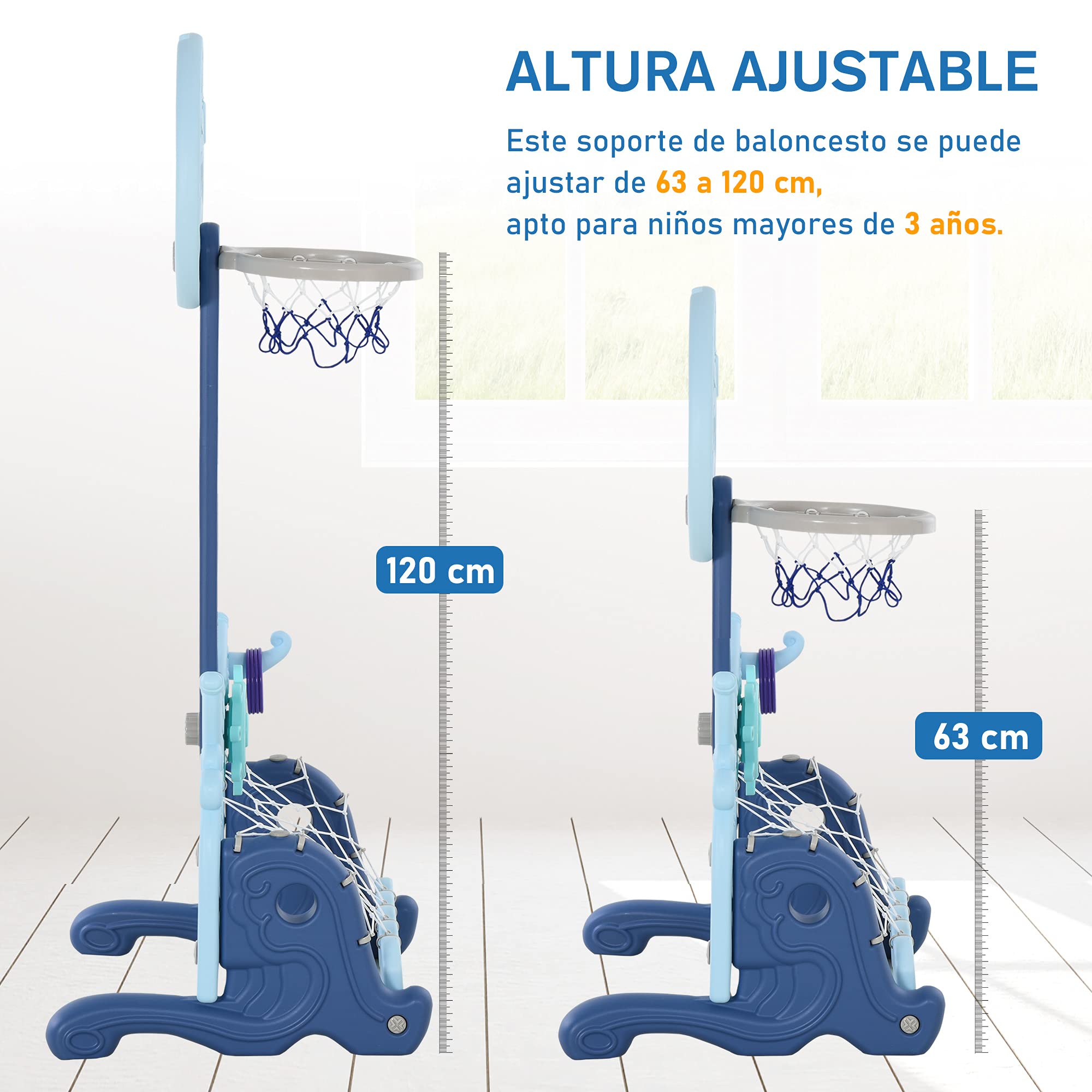 HOMCOM Canasta de Baloncesto con Soporte 4 en 1 Juego de Golf Balón de Fútbol con Altura Ajustable Centro de Actividades para Niños de +3 Años 58x56x154 cm Azul