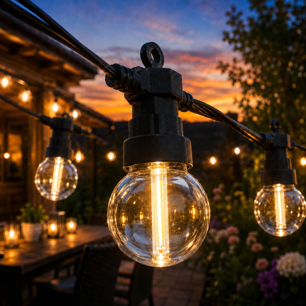 Festive Lights ConnectPro® 5m / 16ft Connectable Outdoor Garden G50 Festoon Lights, Warm White Filament Effect LED Bulbs, Commercial String Lighting, IP65 Waterproof, Black Rubber Cable, Without Plug