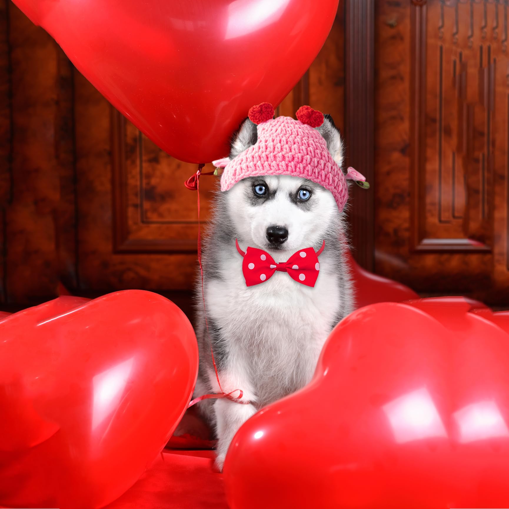 Dog Bow Tie & Dog Hat for Small Dog Valentine's Day Dog Outfit Adjustable Pet Bow Tie Knitting Pet Hat Dog Cat Costume Accessories for Small Medium Pets - Image 4