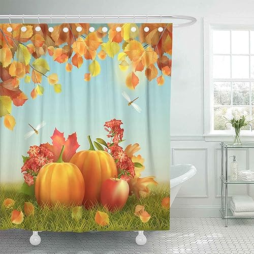 Miniatura 2 de Emvency Cortina de ducha de tela con ganchos, colorida, otoño, Acción de Gracias con calabazas de cosecha, hojas caídas, ramas de árbol, libélula,