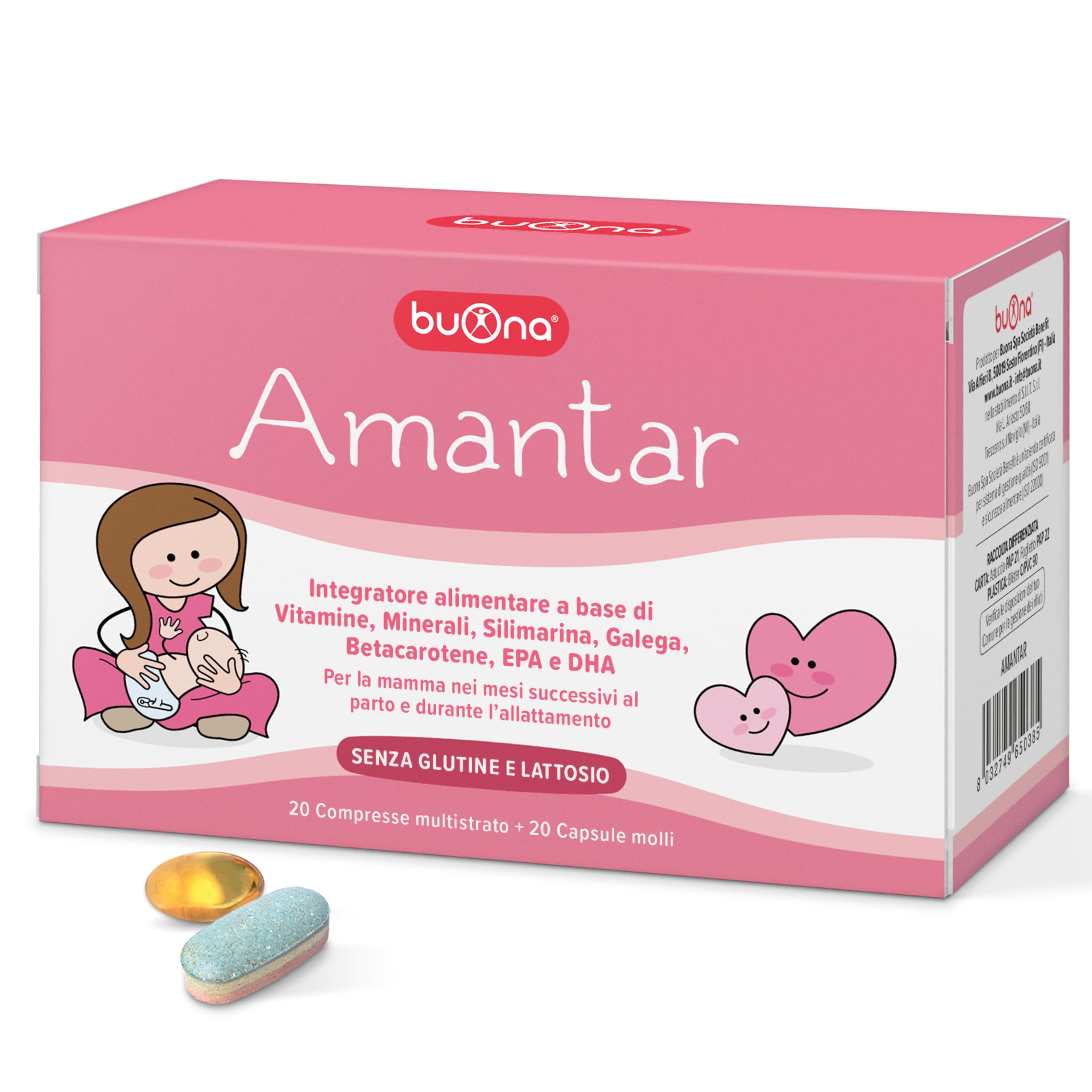 Buona Amantar Integratore Allattamento Mamma e Post Parto 20 Compresse + 20 Capsule con Vitamine, Minerali, DHA, Galega e Silimarina. Senza Glutine e Lattosio